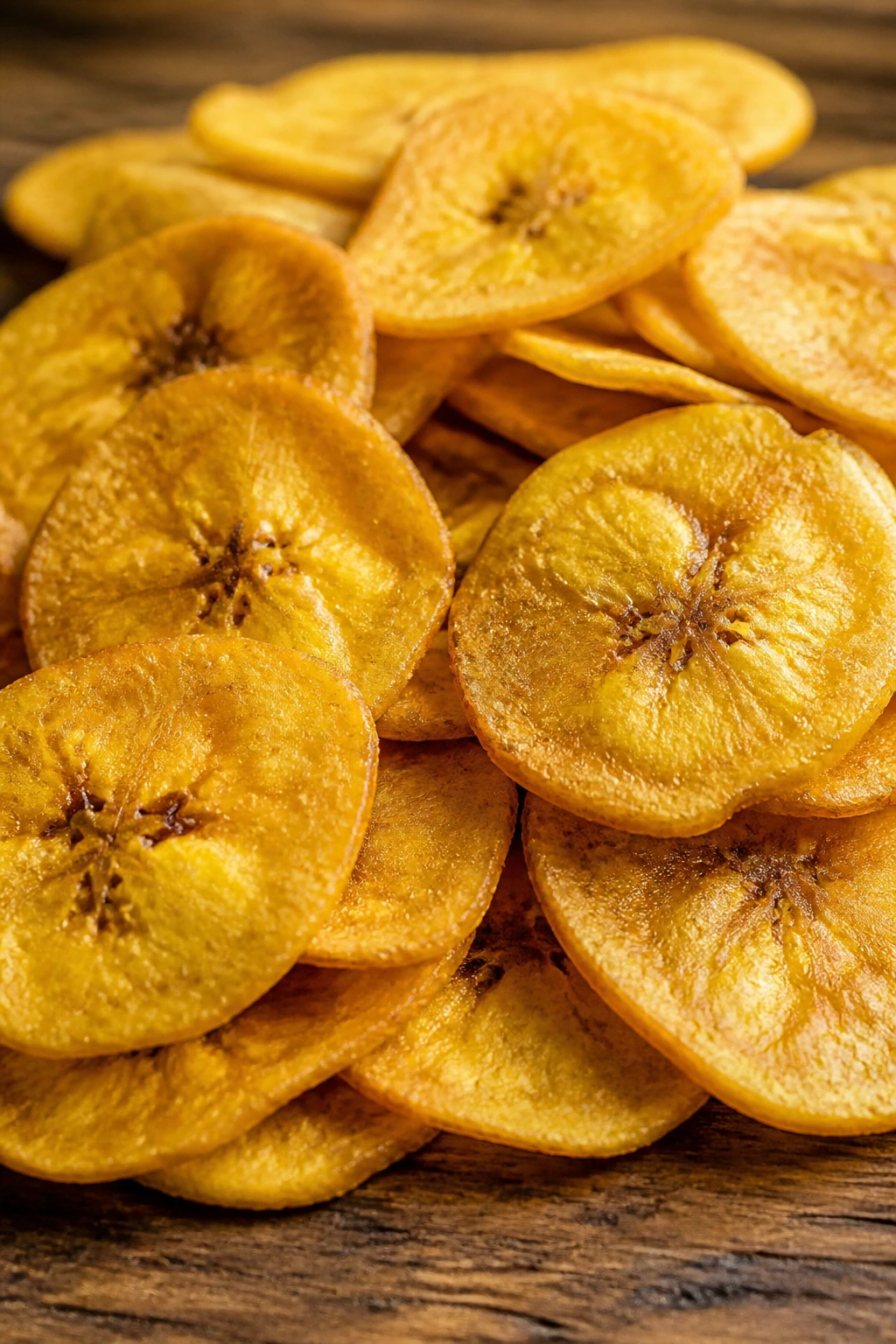 Crispy plantain chips on wooden surface