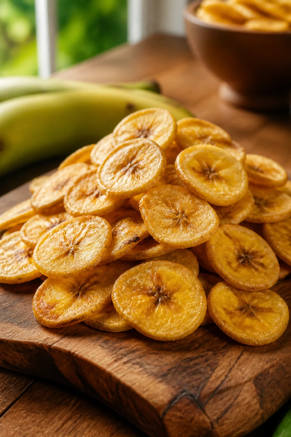 Close-up of crispy golden plantain chips on a wooden cutting board in a sunlit kitchen