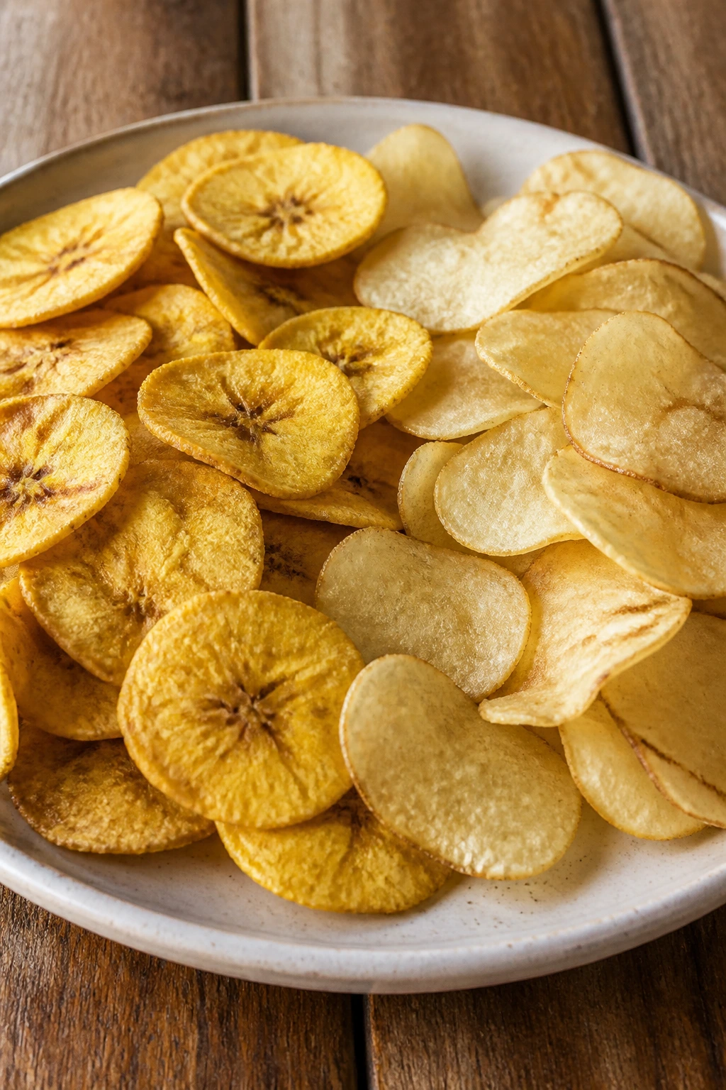 Close-up of plantain chips on a wooden surface