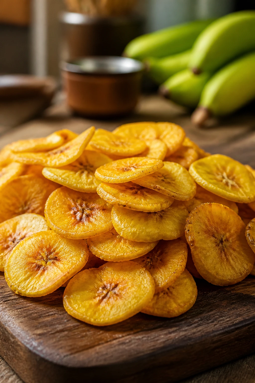 What Are The Health Benefits, Nutrition In Plantain Chips? 1 Close-up of crispy plantain chips on a wooden board, golden and tasty.