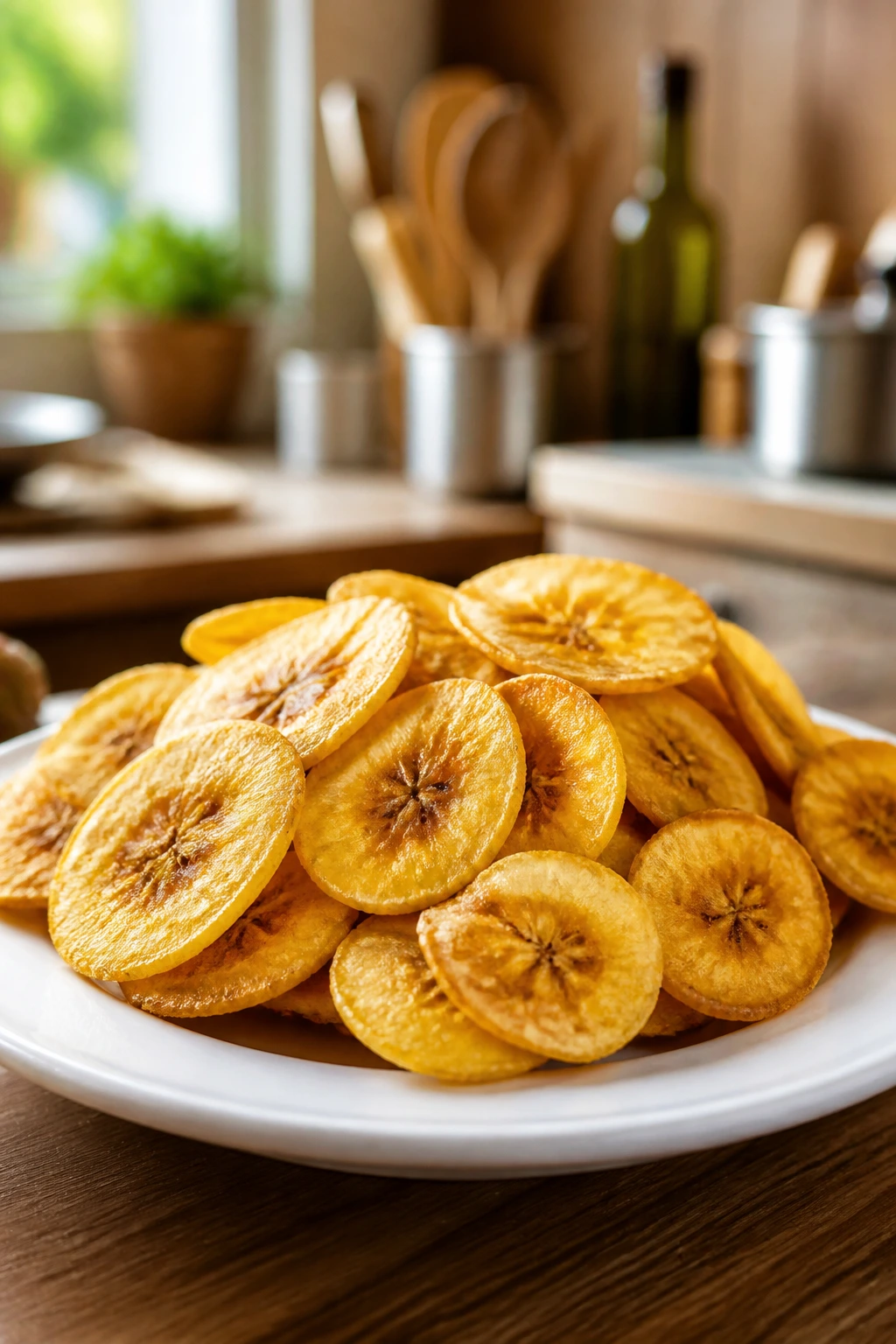 Plantain Chips Vs Potato Chips: Which is Better? 7 Close-up of decorative plantain chips on a plate in a cozy kitchen