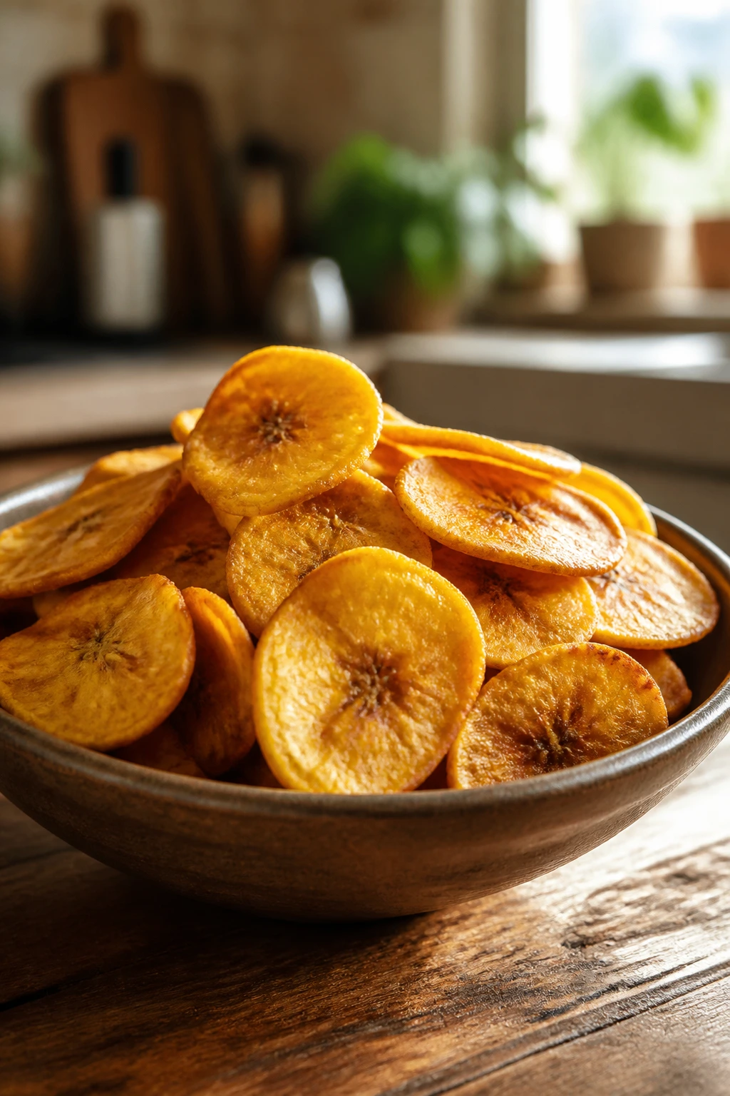 Bowl of plantain chips on wooden surface with warm kitchen background