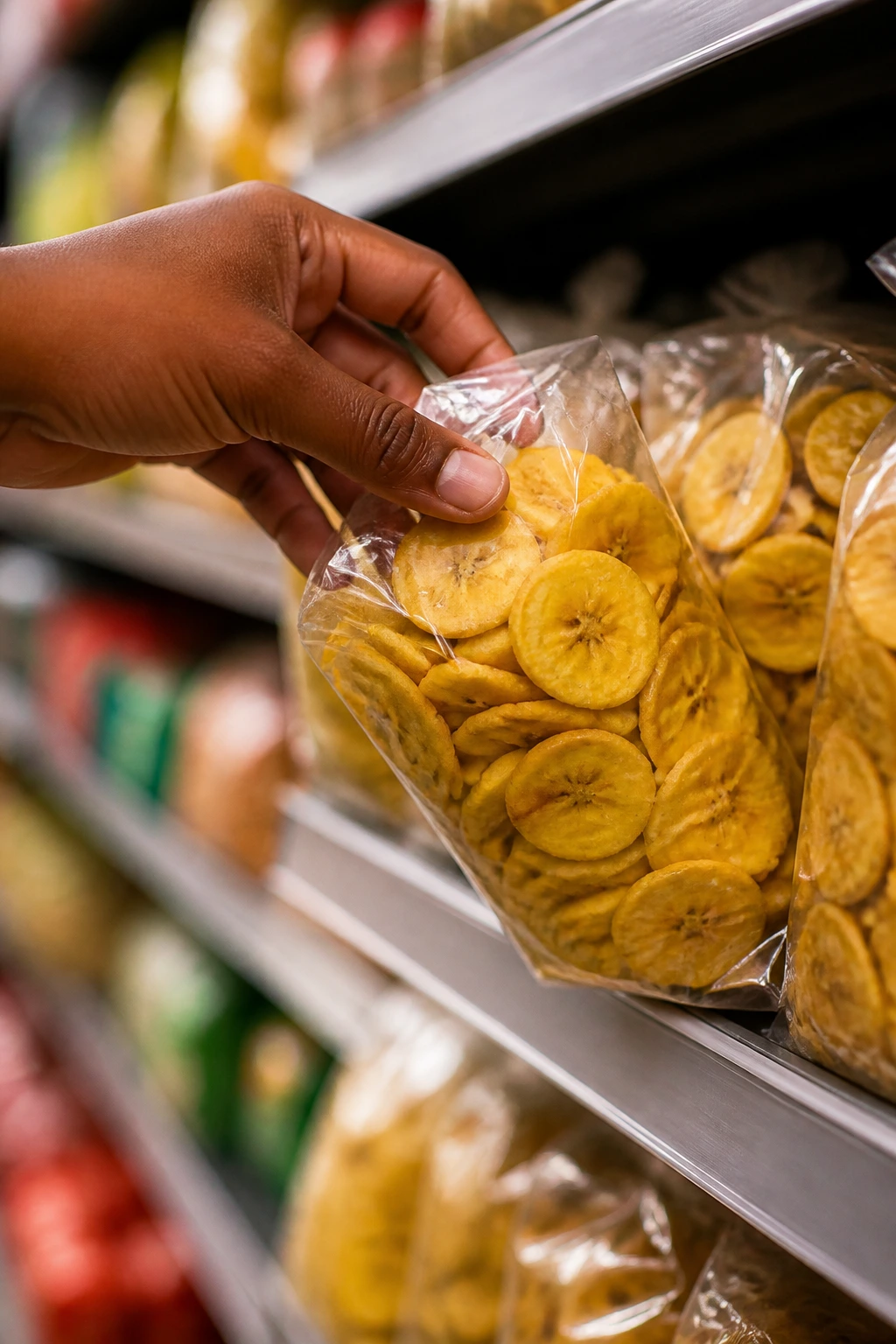 Plantain Chips Vs Banana Chips: Which Is Better For You? 6 Hand reaching for plantain chip on store shelf