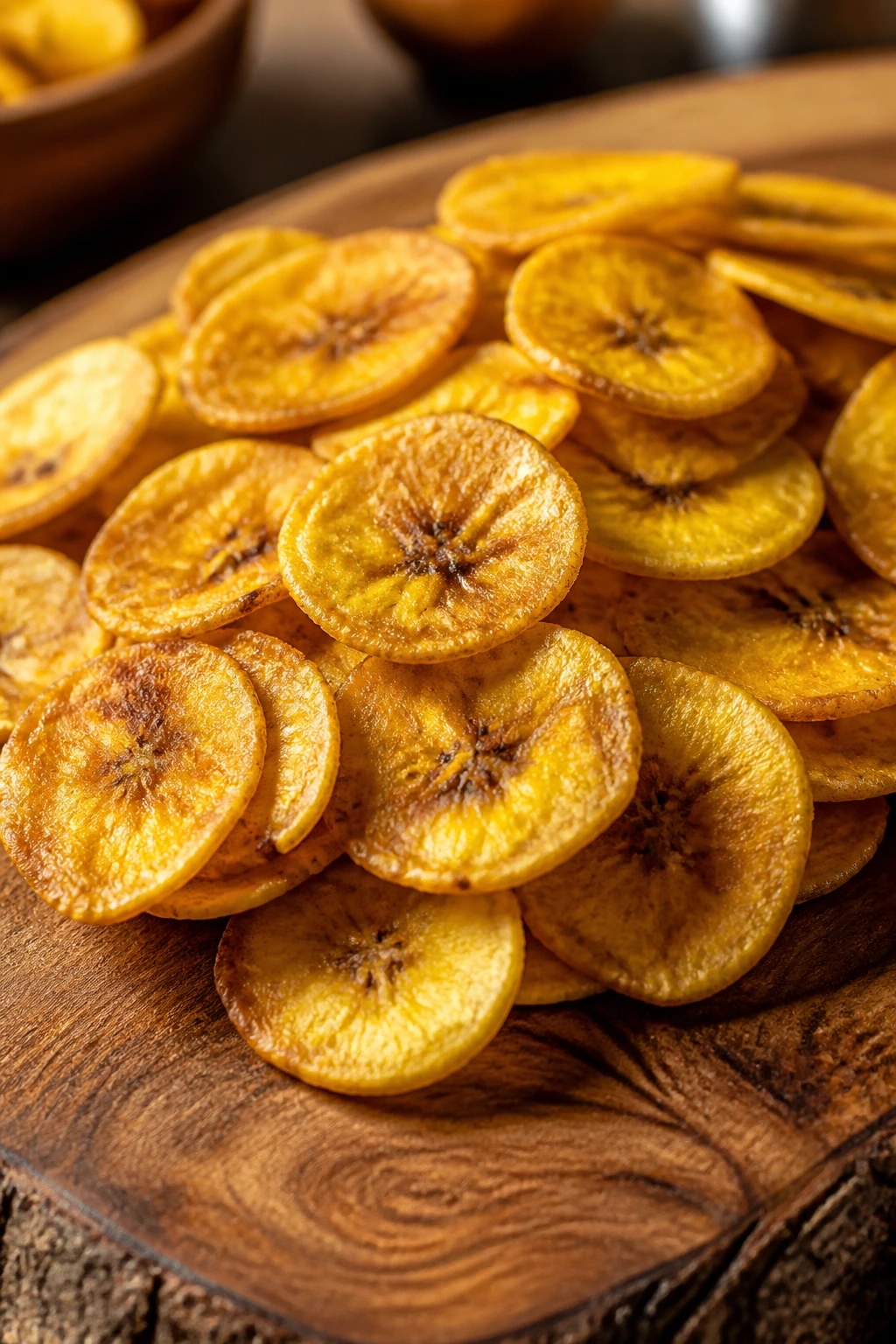 Close-up view of golden fried plantain chips on a rustic wooden board