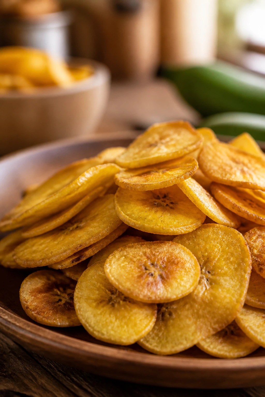 Stack of gluten-free plantain chips on a wooden plate in a cozy kitchen