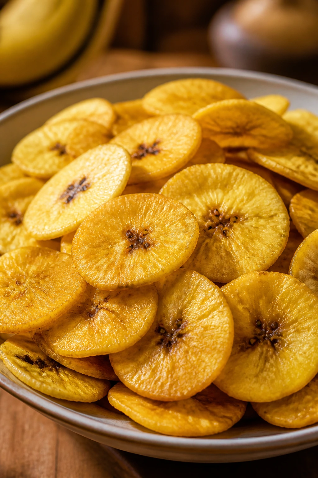 What Are The Health Benefits, Nutrition In Plantain Chips? 3 Golden plantain chips filling a plate with warm kitchen lighting.
