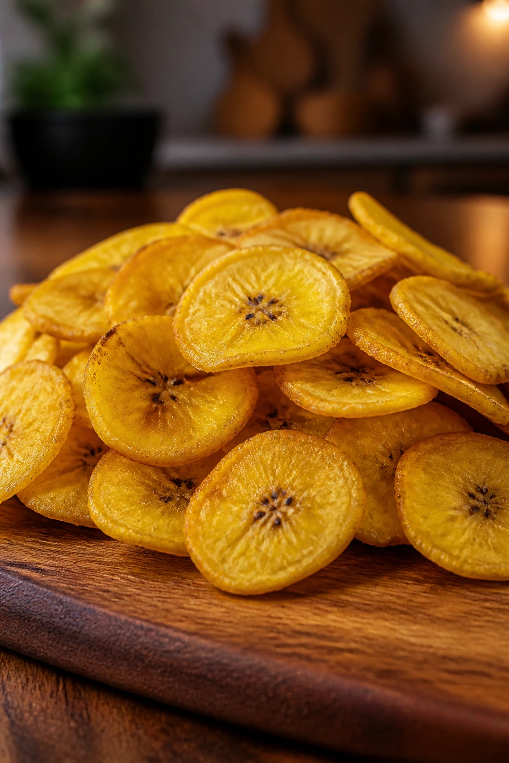 How to Make Plantain Chips: A Step-by-Step Guide 3 Golden plantain chips piled on a wooden board