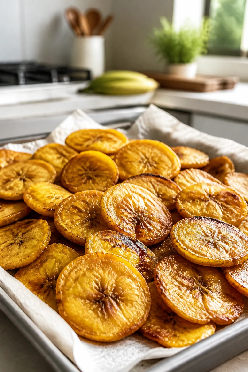 Freshly fried plantain chips cooling on parchment in a home kitchen