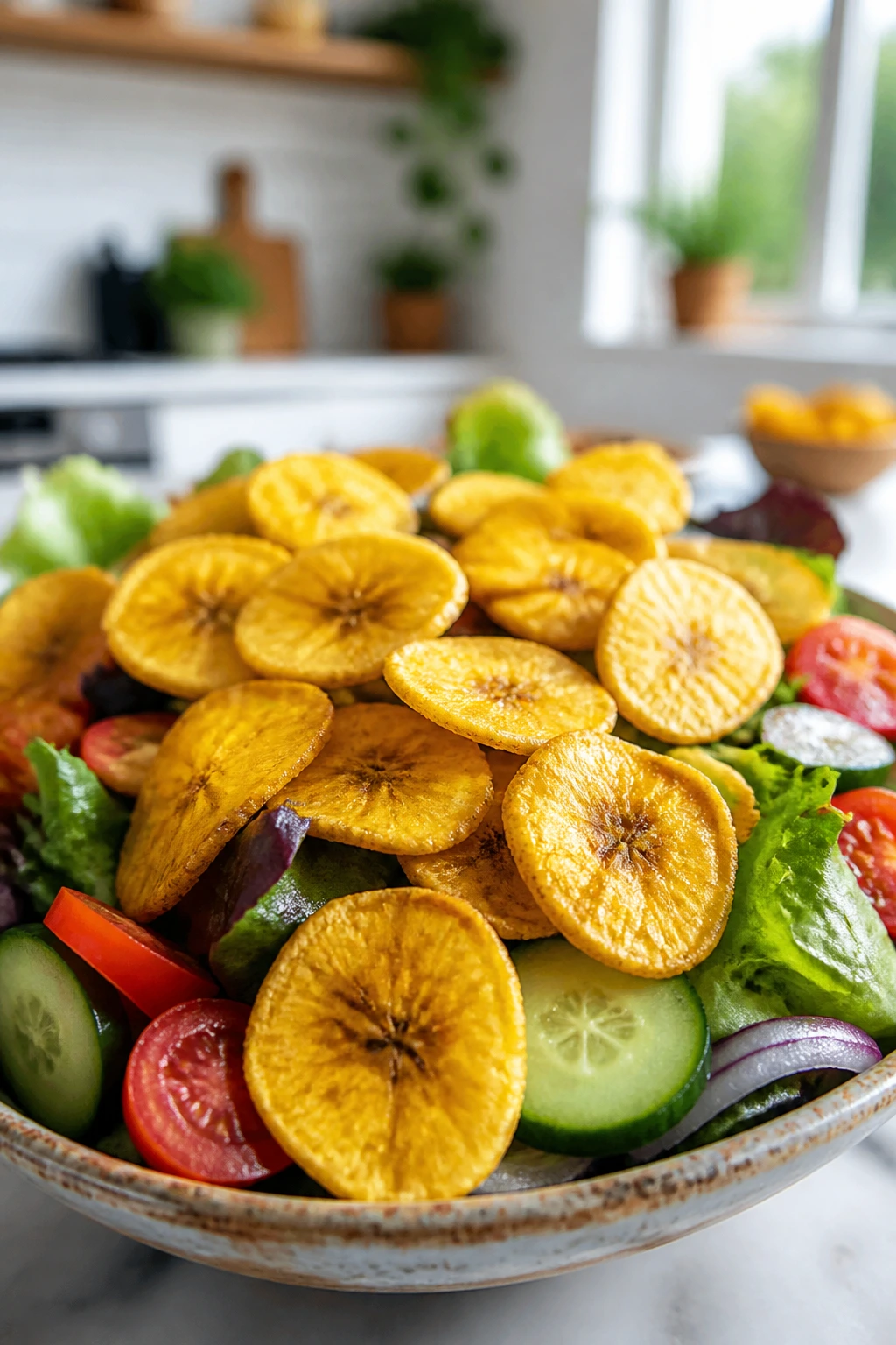 What Are The Health Benefits, Nutrition In Plantain Chips? 4 Plantain chips atop a fresh salad in a bright kitchen setting.