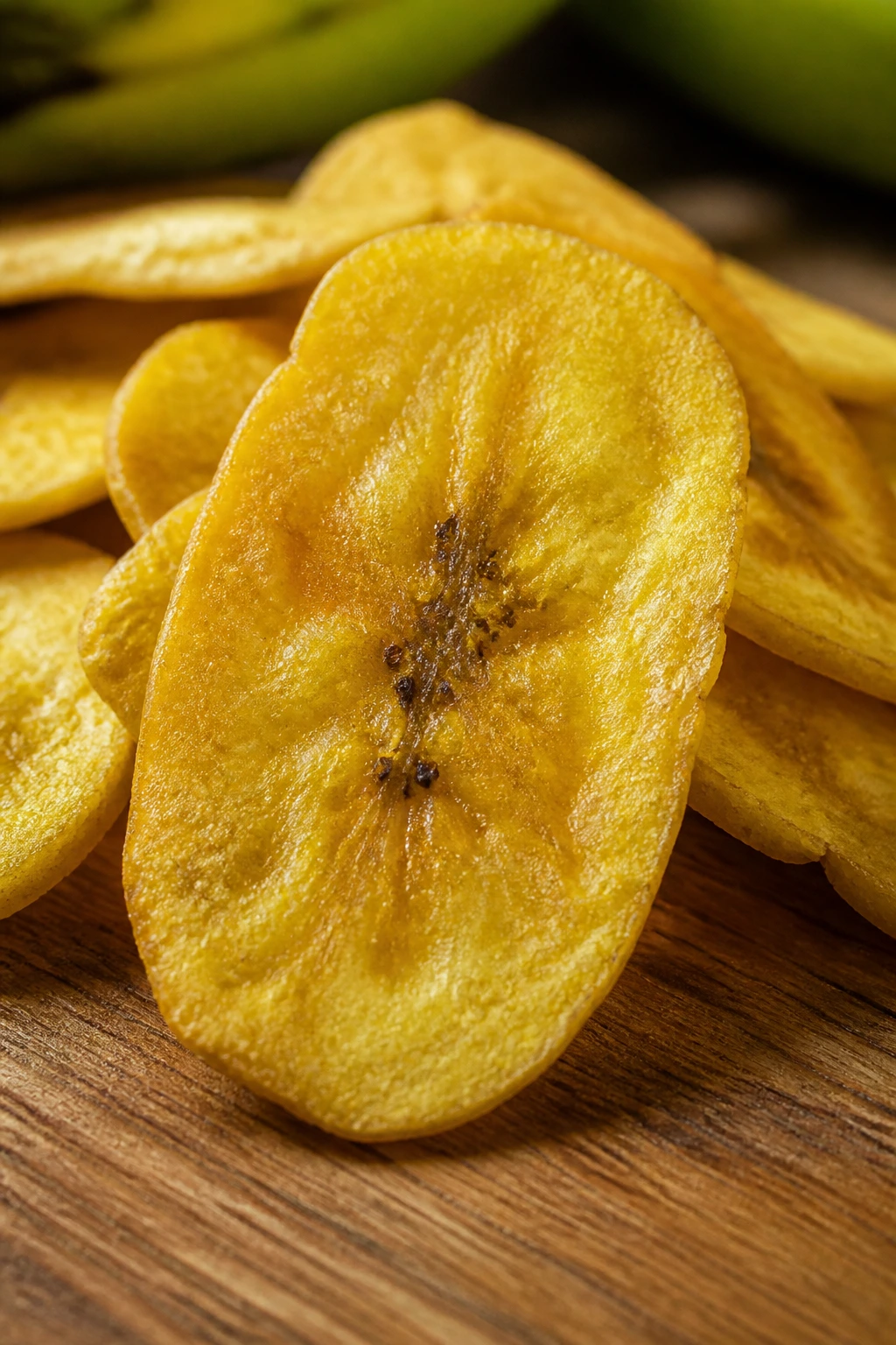 What Are The Health Benefits, Nutrition In Plantain Chips? 2 Close-up of a plantain chip highlighting texture in a kitchen setting.