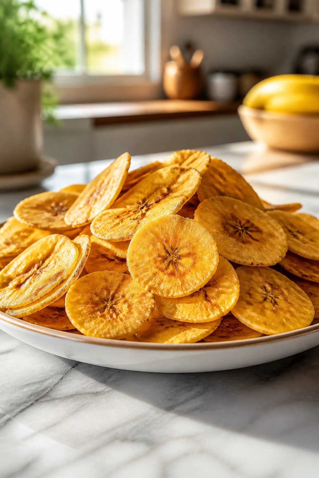 Close-up of plantain chips on a plate in a bright kitchen