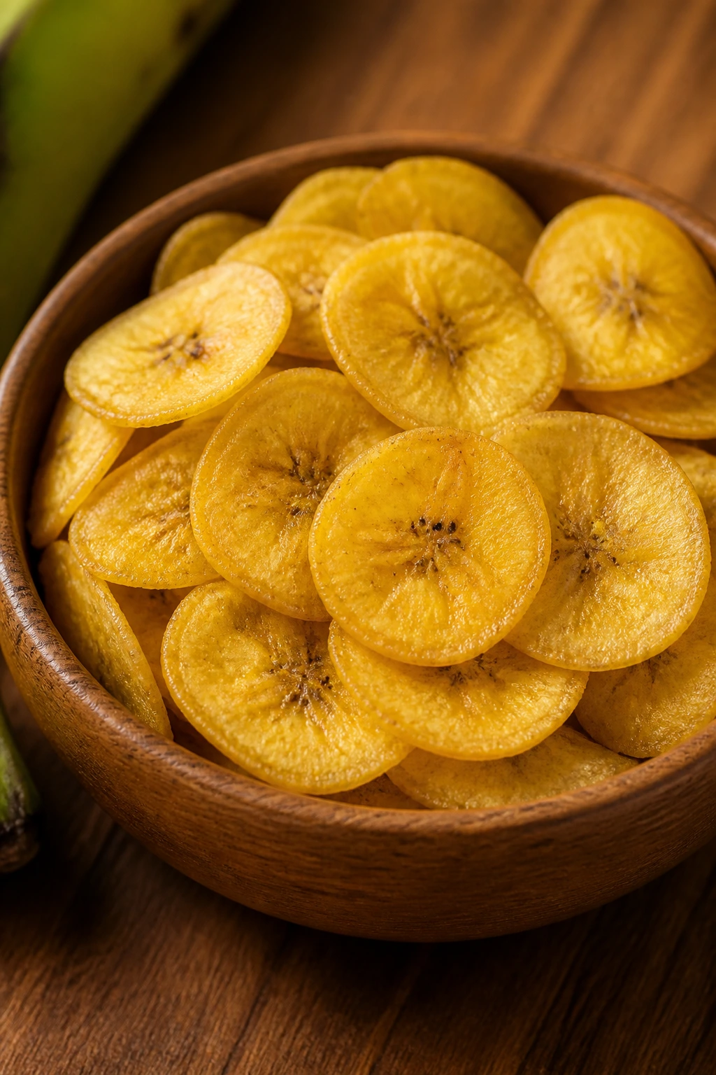 What Are The Health Benefits, Nutrition In Plantain Chips? 5 Bowl of plantain chips on a wooden surface under warm light.