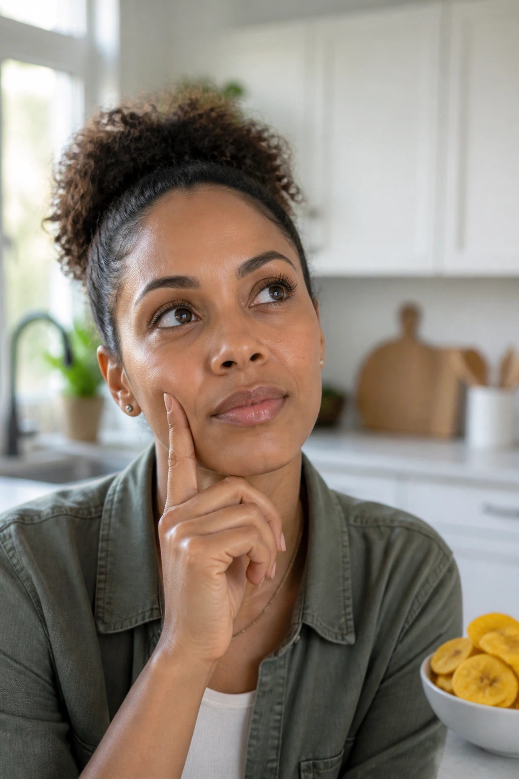 Portrait of a real person in a kitchen, thinking with plantain chips in background