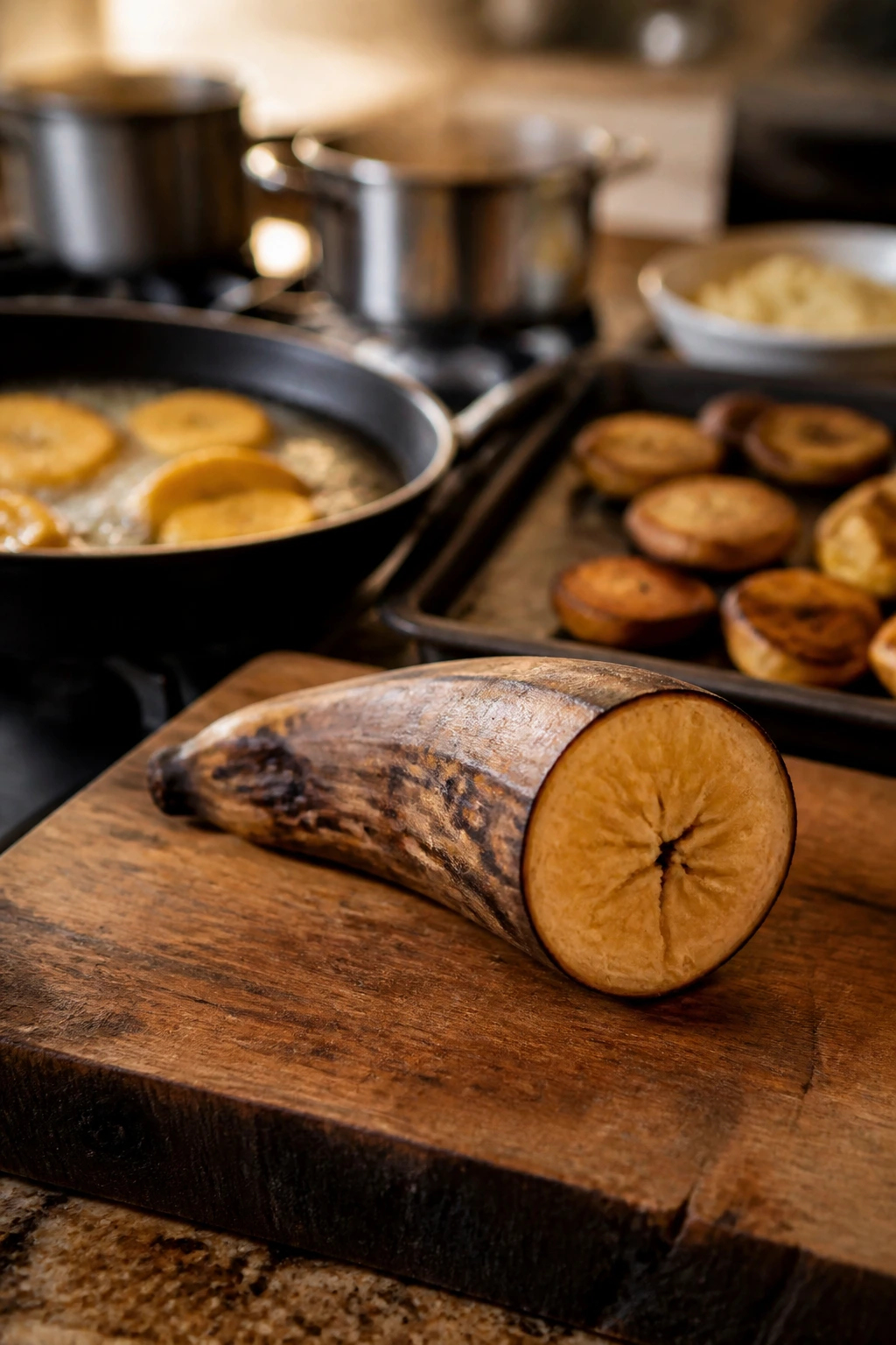 Close-up of plantain on cutting board with kitchen in background, illustrating cooking method variety