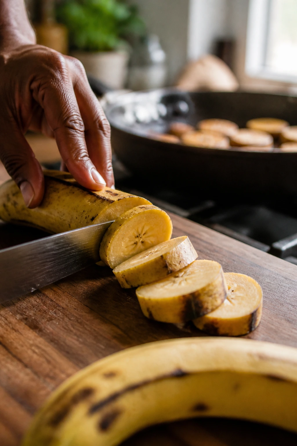 Plantain being sliced on cutting board in a cozy kitchen
