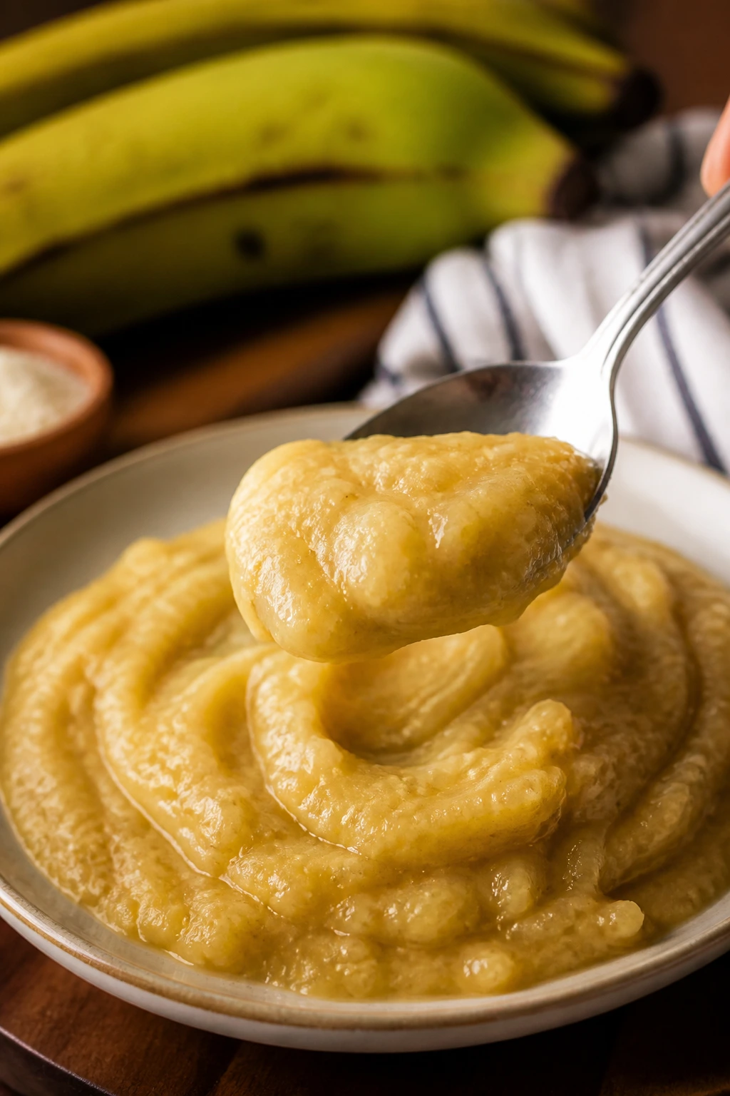 Digestive Aid: Are Plantains Good For Constipation? 4 Spoonful of mashed plantain fiber puree on a plate.