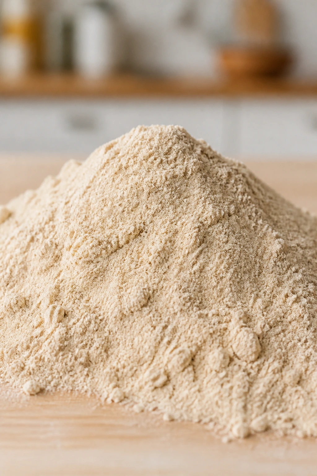 Mound of plantain flour on wooden surface