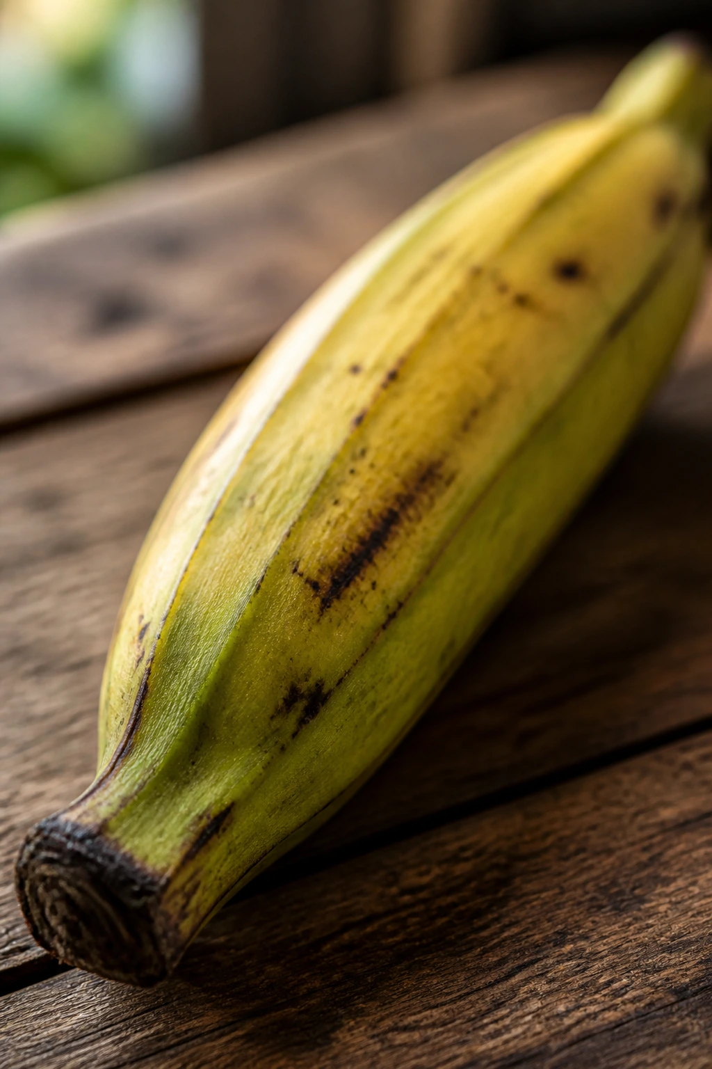 Single plantain with green to yellow skin on wooden surface