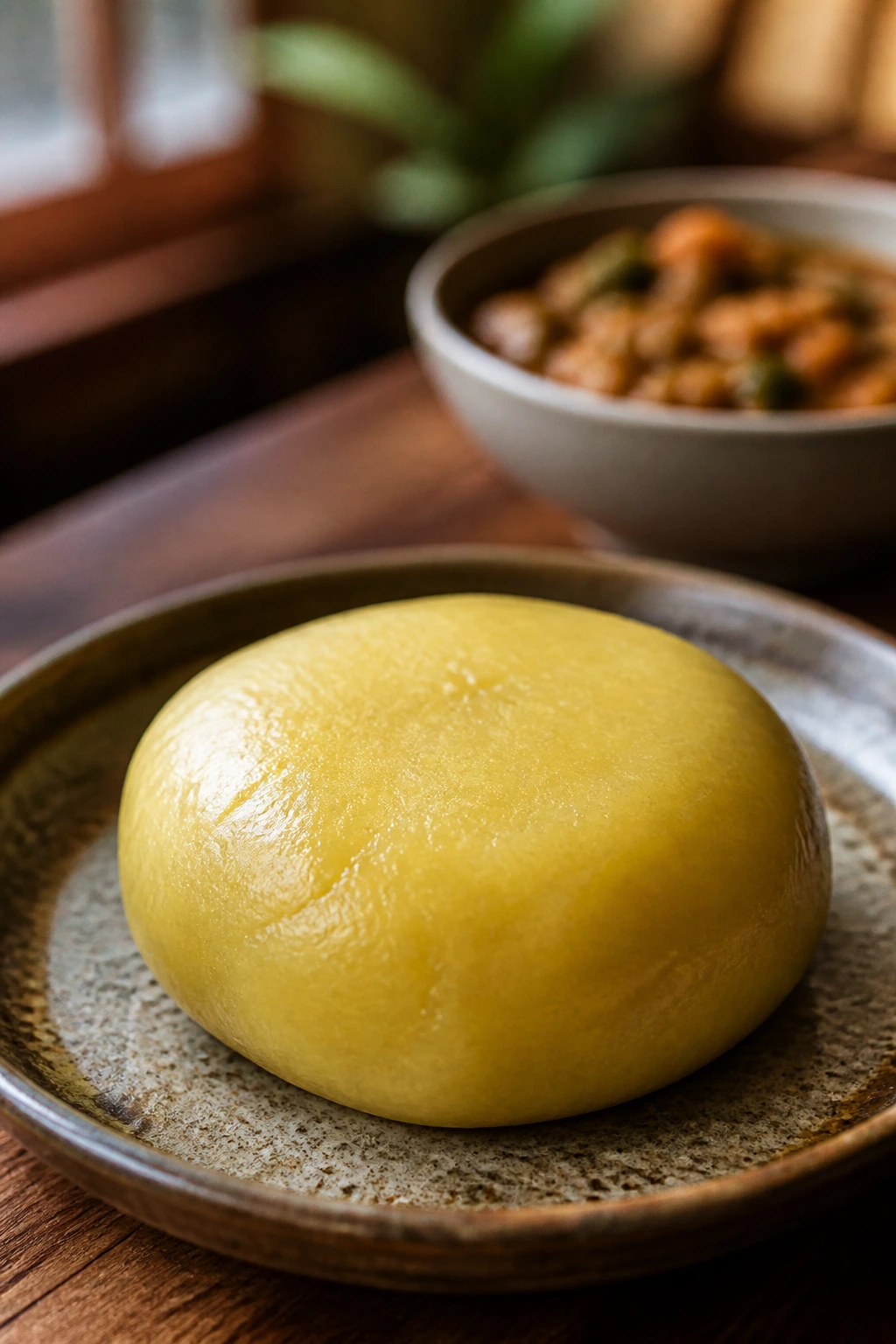 Glossy plantain fufu disc on a rustic plate in a warm kitchen