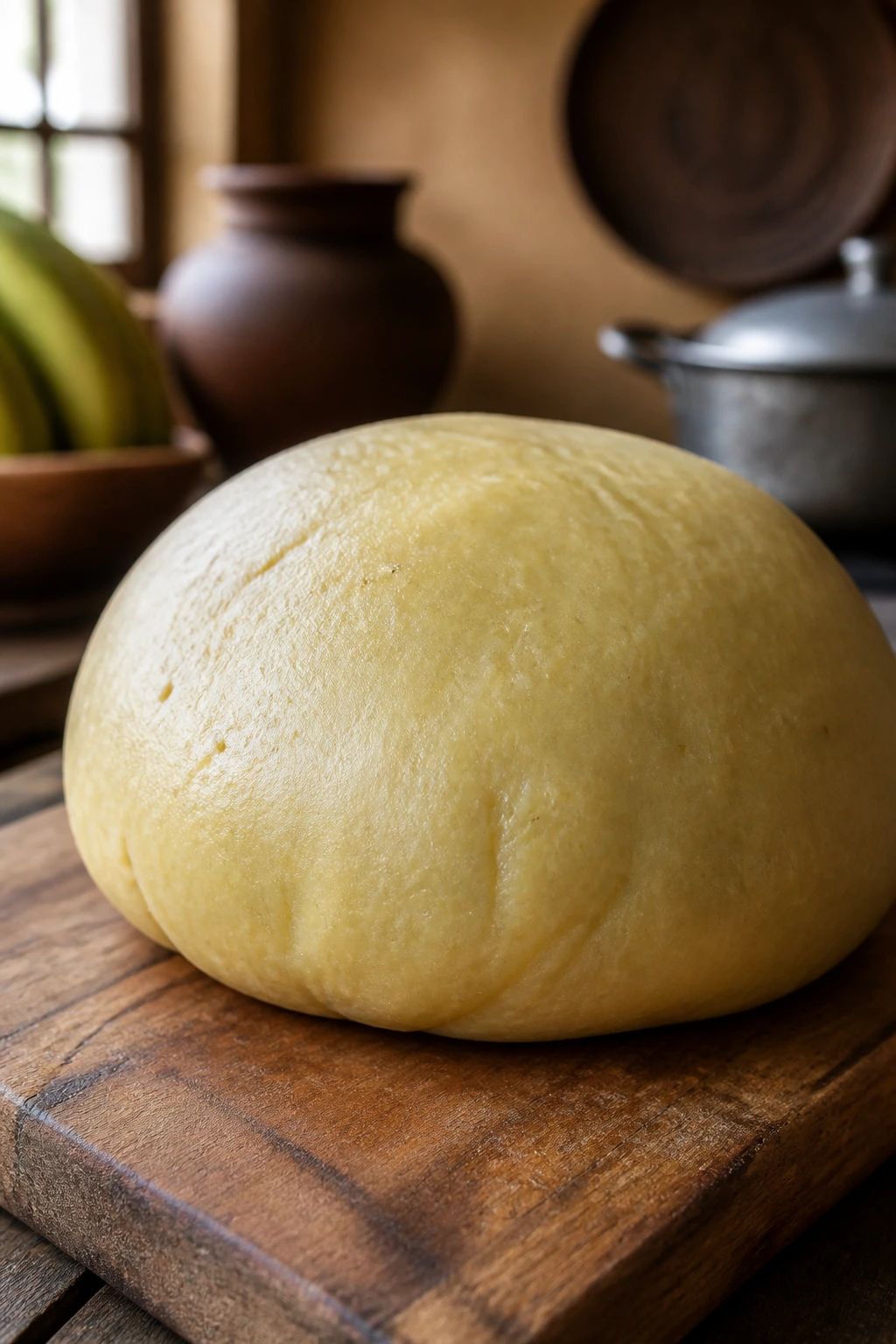 Close-up of plantain fufu dough ball on wood board