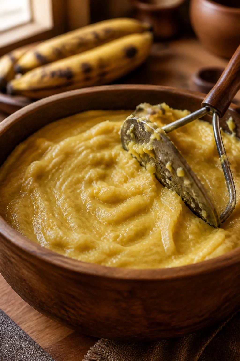 Close-up of mashed plantains in a wooden bowl with a masher in a warm kitchen