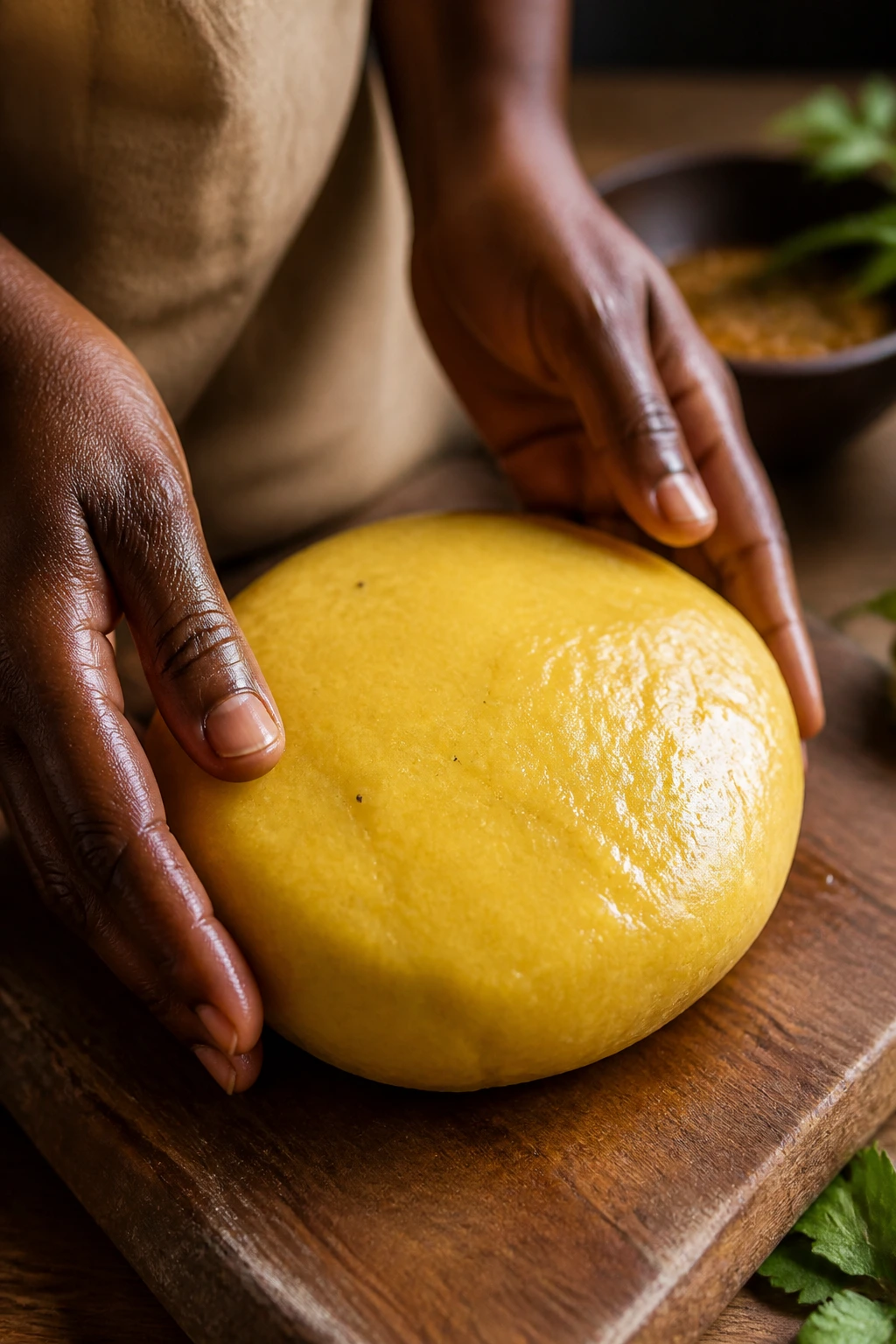 Hands shaping a round plantain fufu disc on a wooden board in a cozy kitchen