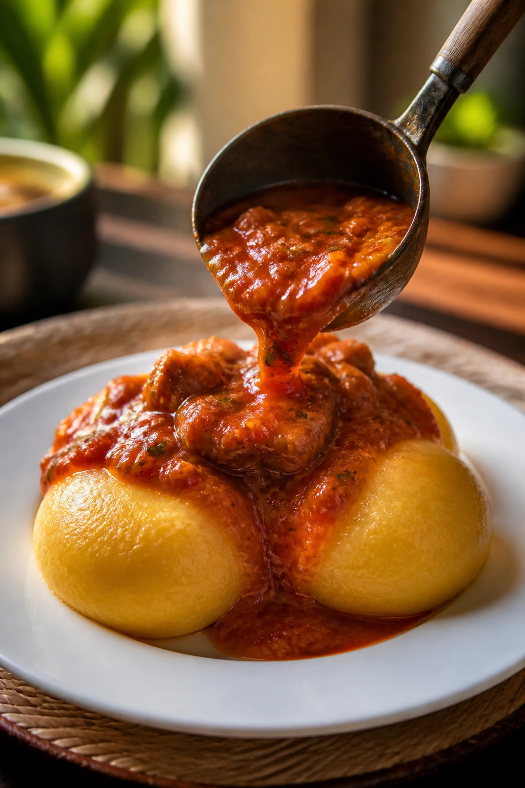 Plate of plantain fufu discs with soup pouring over them in a warm kitchen