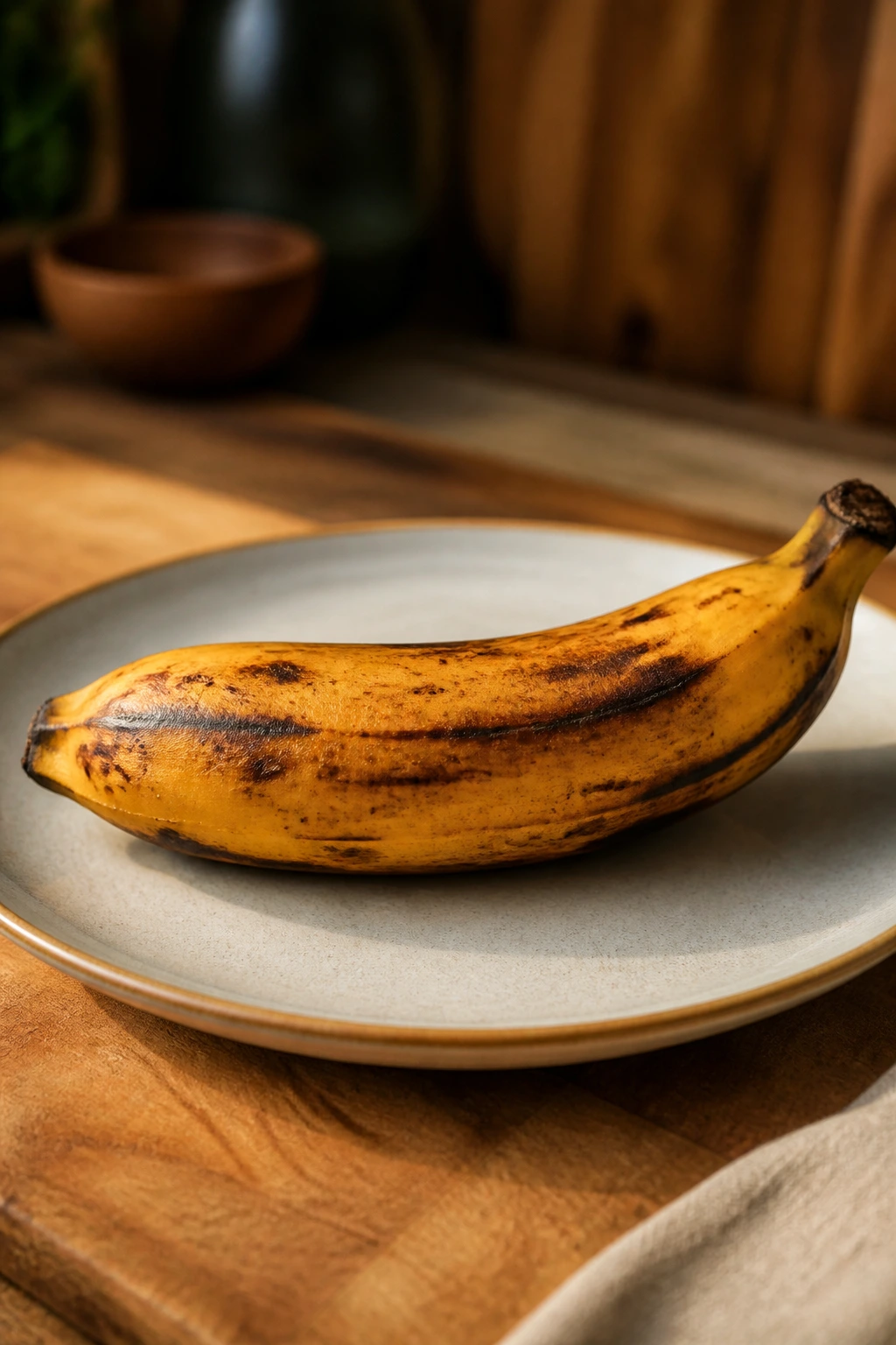 Digestive Aid: Are Plantains Good For Constipation? 5 Ripe plantain on a plate, suggesting gut-friendly fiber.
