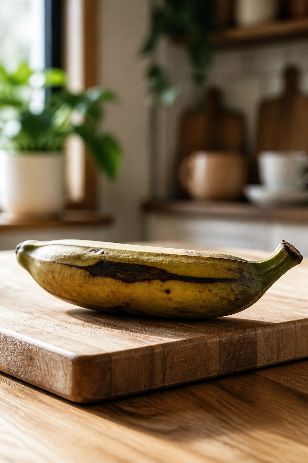 Plantain on cutting board in a kitchen