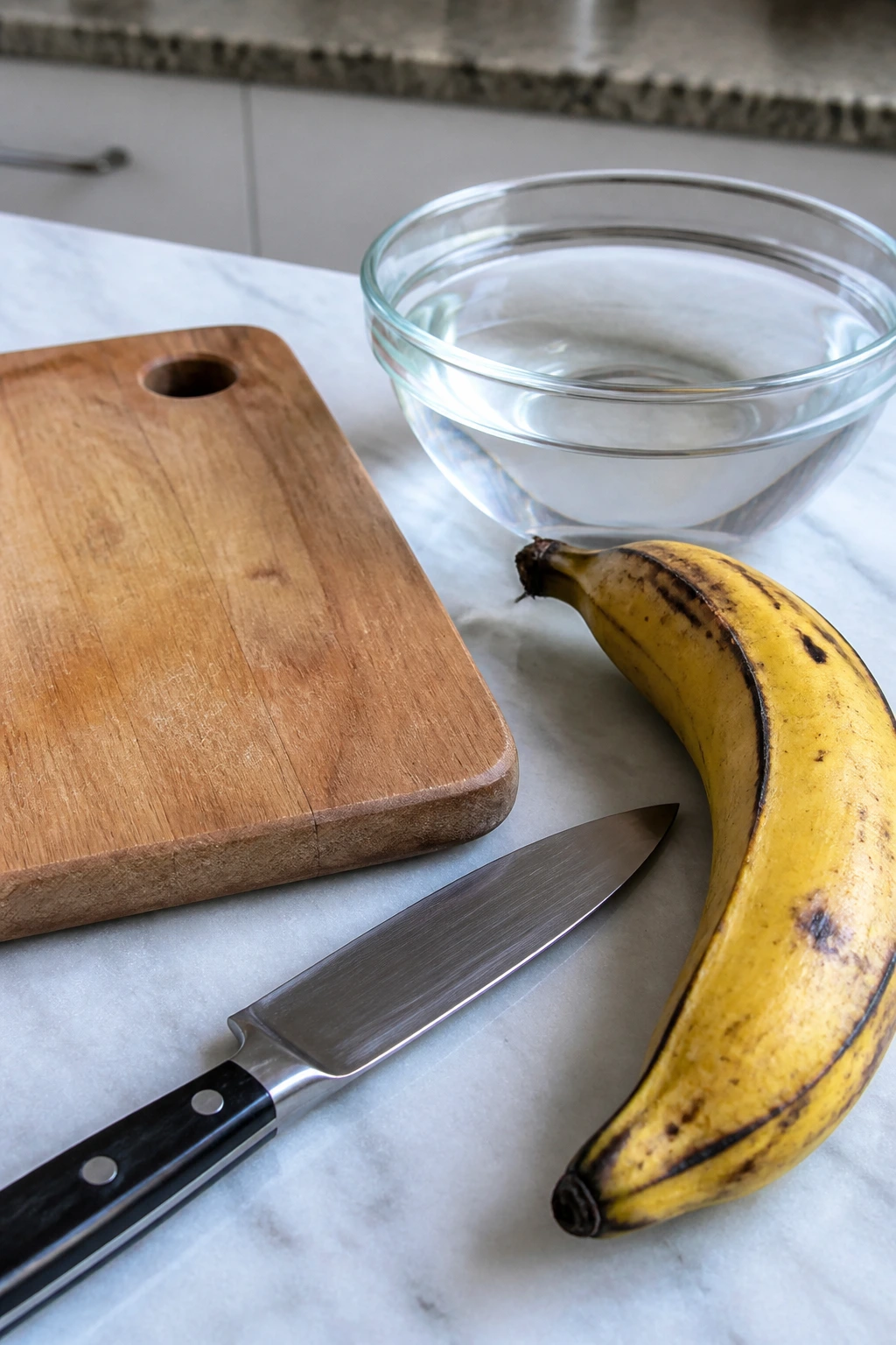 Close-up of ripe plantain with knife cutting board and water bowl on a kitchen counter