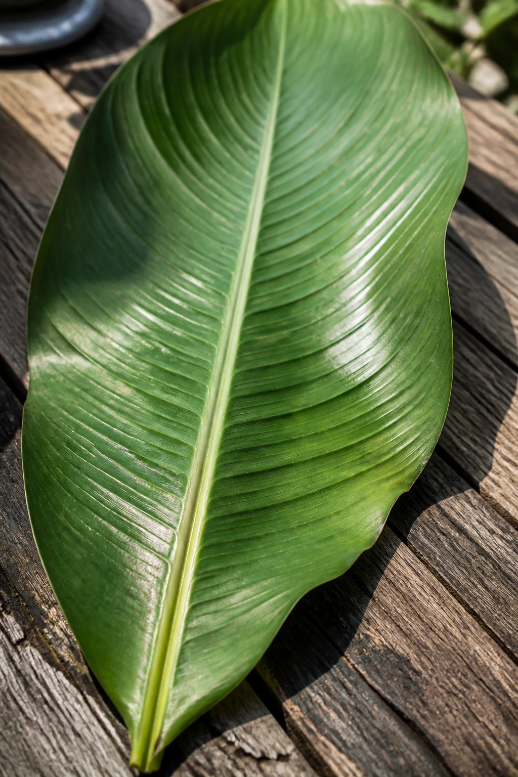 Can You Smoke Plantain Leaves? All You Need To Know 4 Single plantain leaf on wooden table in bright daylight