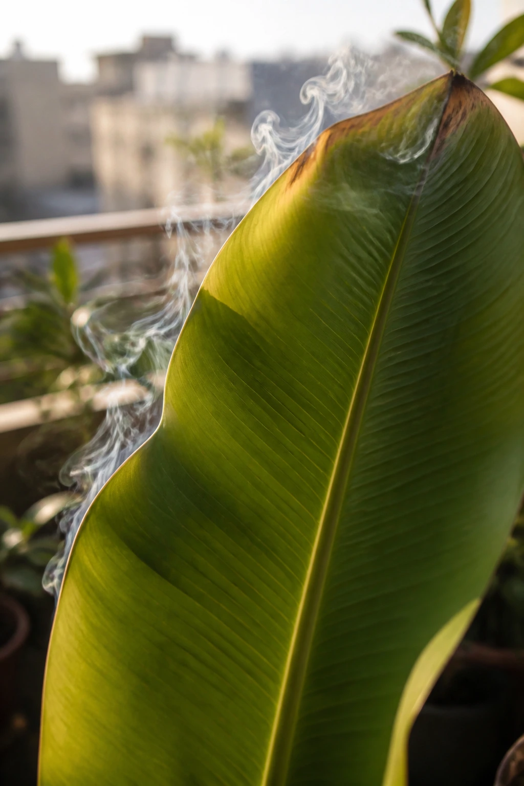 Can You Smoke Plantain Leaves? All You Need To Know 2 Plantain leaf with wisps of smoke on a sunlit balcony