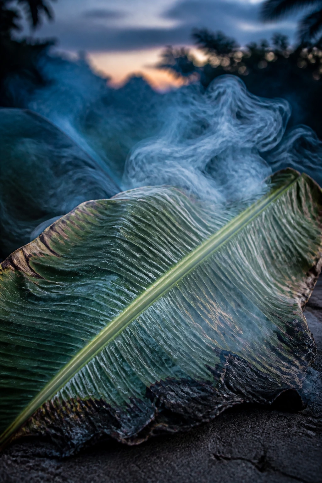 Can You Smoke Plantain Leaves? All You Need To Know 5 Plantain leaf with smoky haze in a dusky outdoor setting