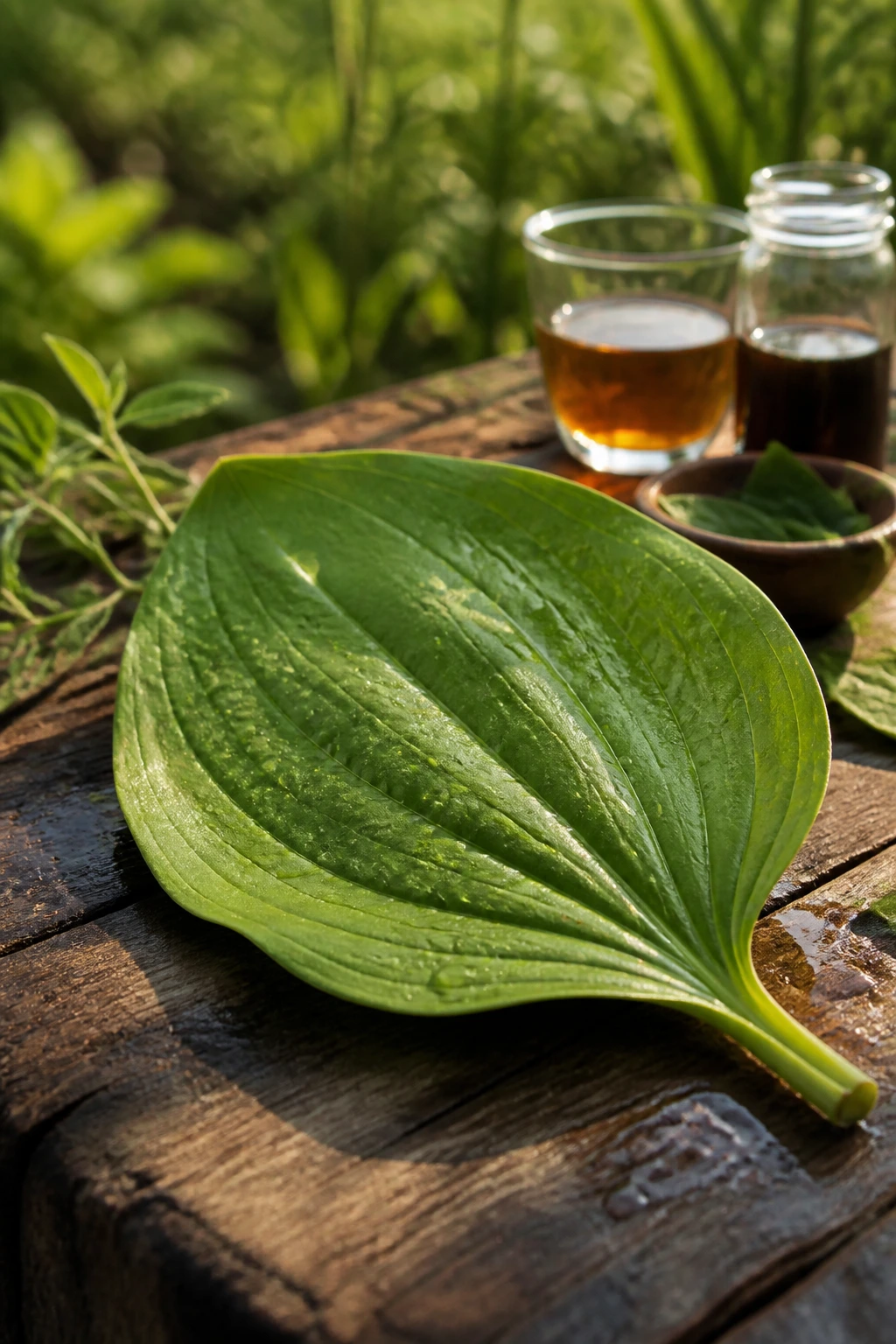Plantain Leaves: Benefits, Side Effects, Uses and Many More 4 Leaf on wooden surface suggesting natural uses of plantain leaves