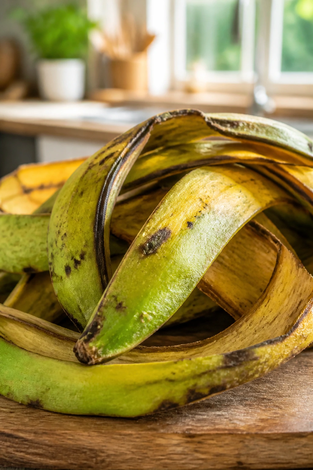 10 Amazing Benefits of Plantain Skin for Your Health 1 Close-up of a green-yellow plantain peel filling the frame on a wooden cutting board in a bright kitchen