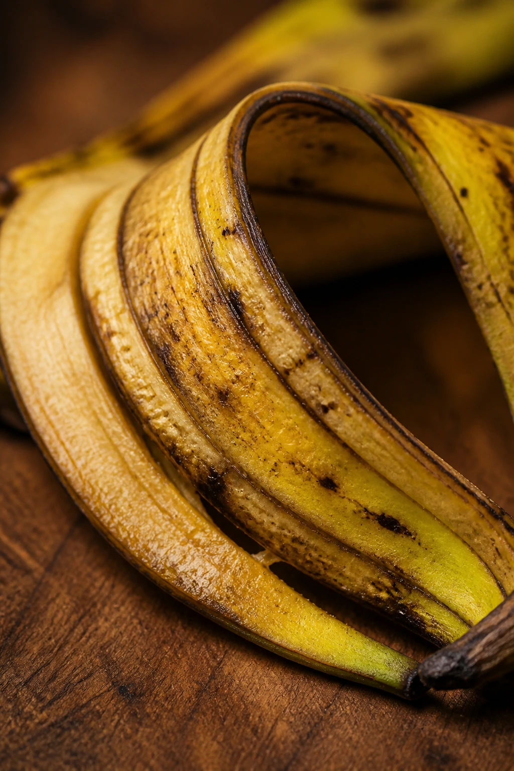 10 Amazing Benefits of Plantain Skin for Your Health 3 Close-up of a plantain peel curling on a warm wooden surface in natural light