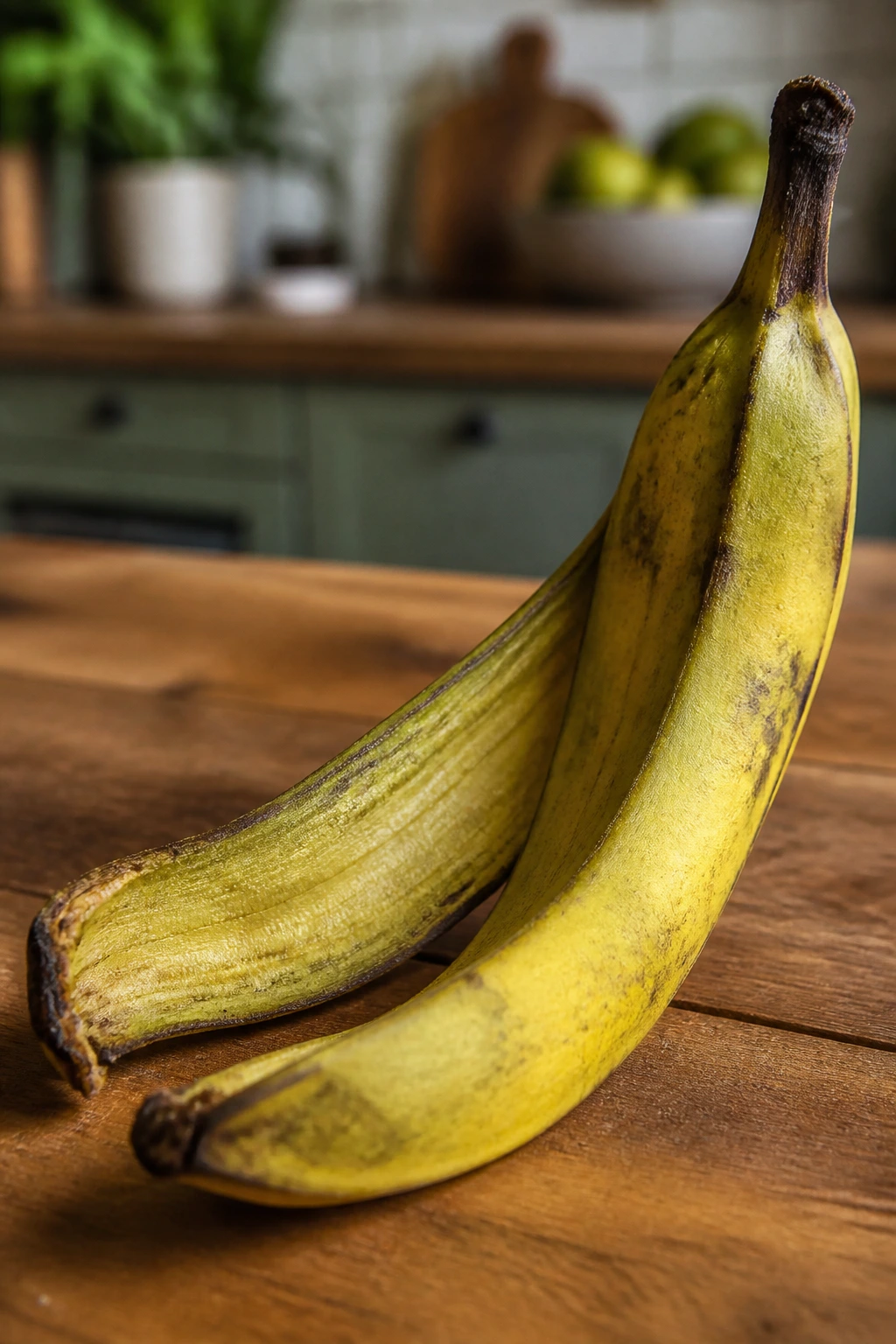 10 Amazing Benefits of Plantain Skin for Your Health 2 Dominant plantain peel close-up on a wooden table with a soft kitchen background