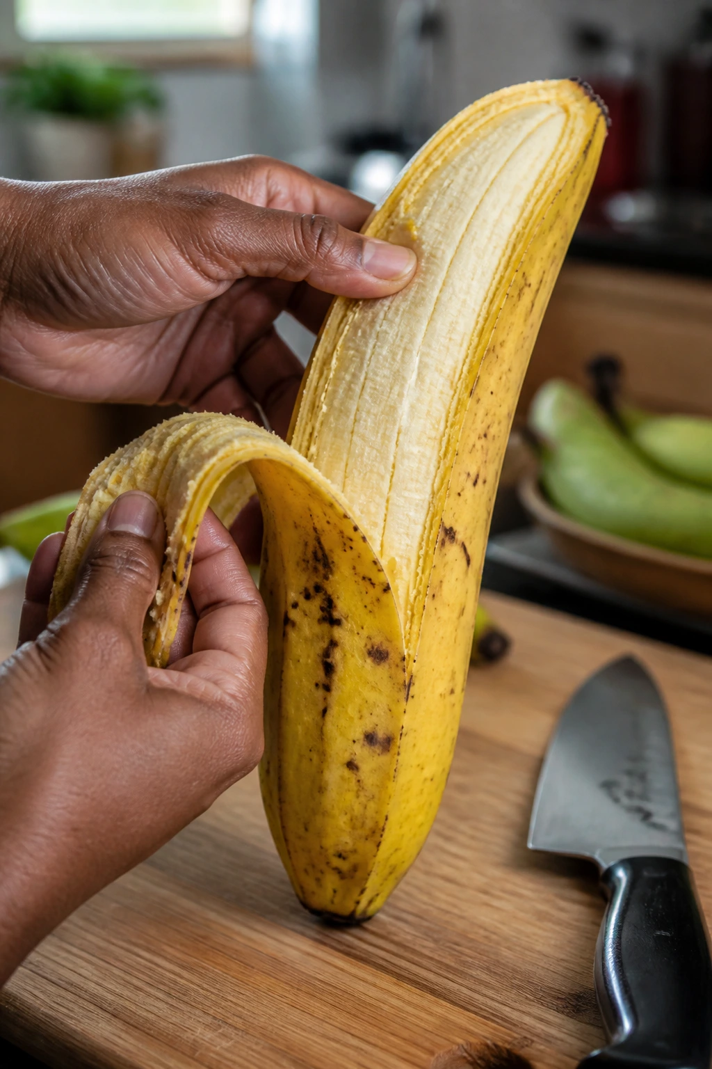 Close-up of plantain being peeled by fingers in a kitchen