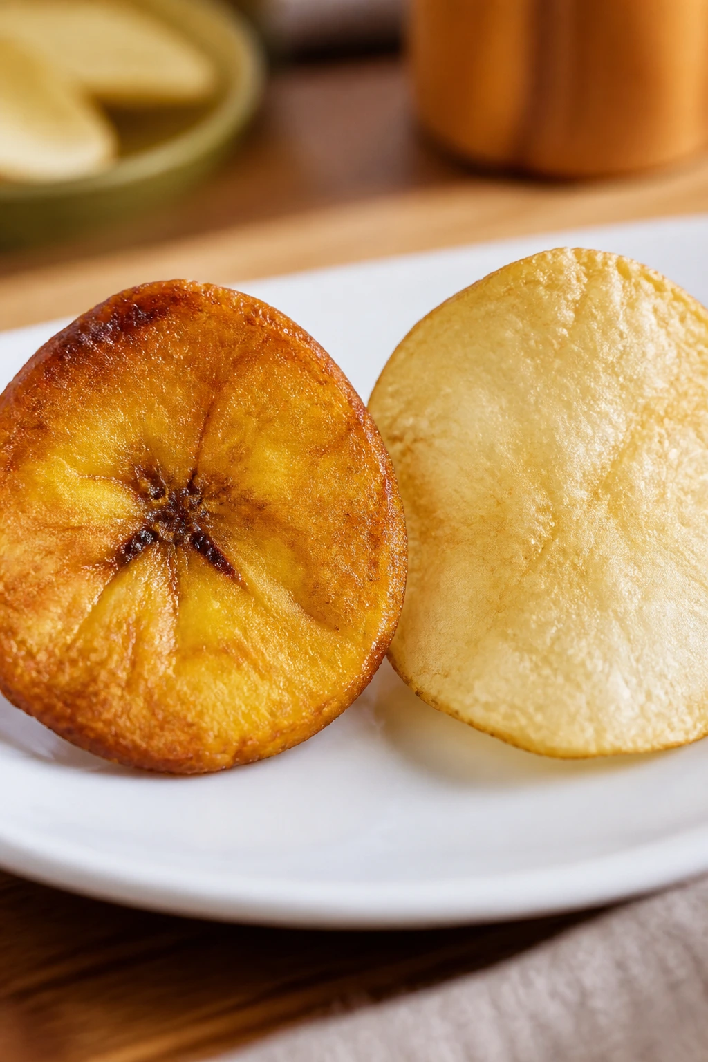 Plantain Chips Vs Potato Chips: Which is Better? 12 Plantain and potato chips side by side on a plate