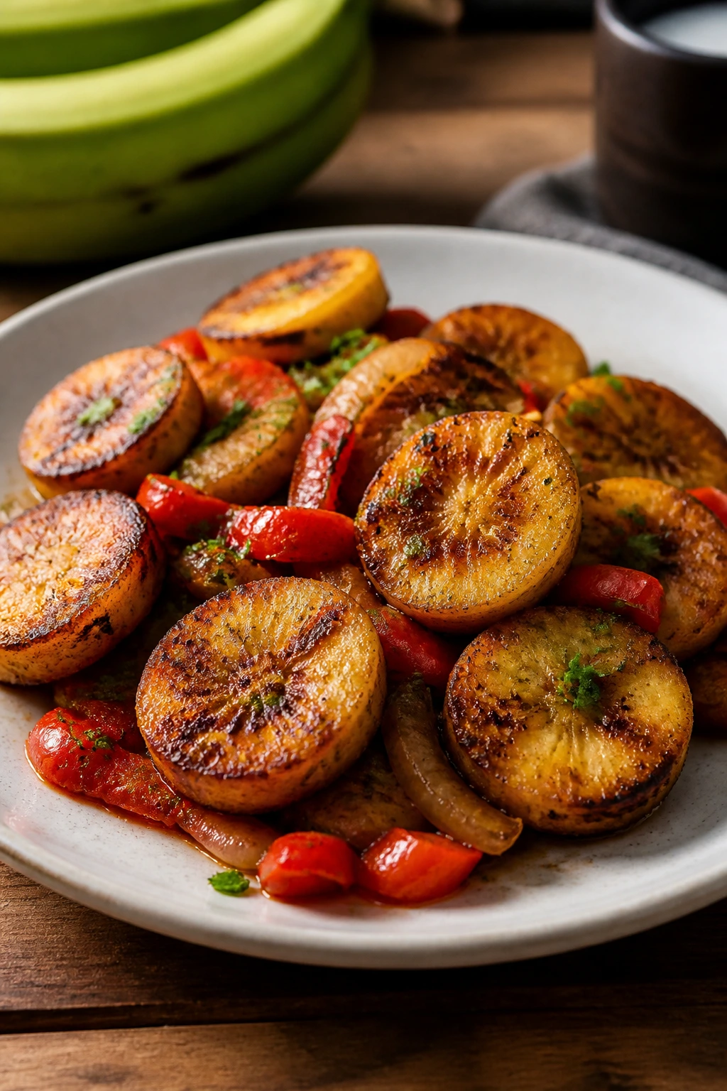Close-up of plated plantain-based dish