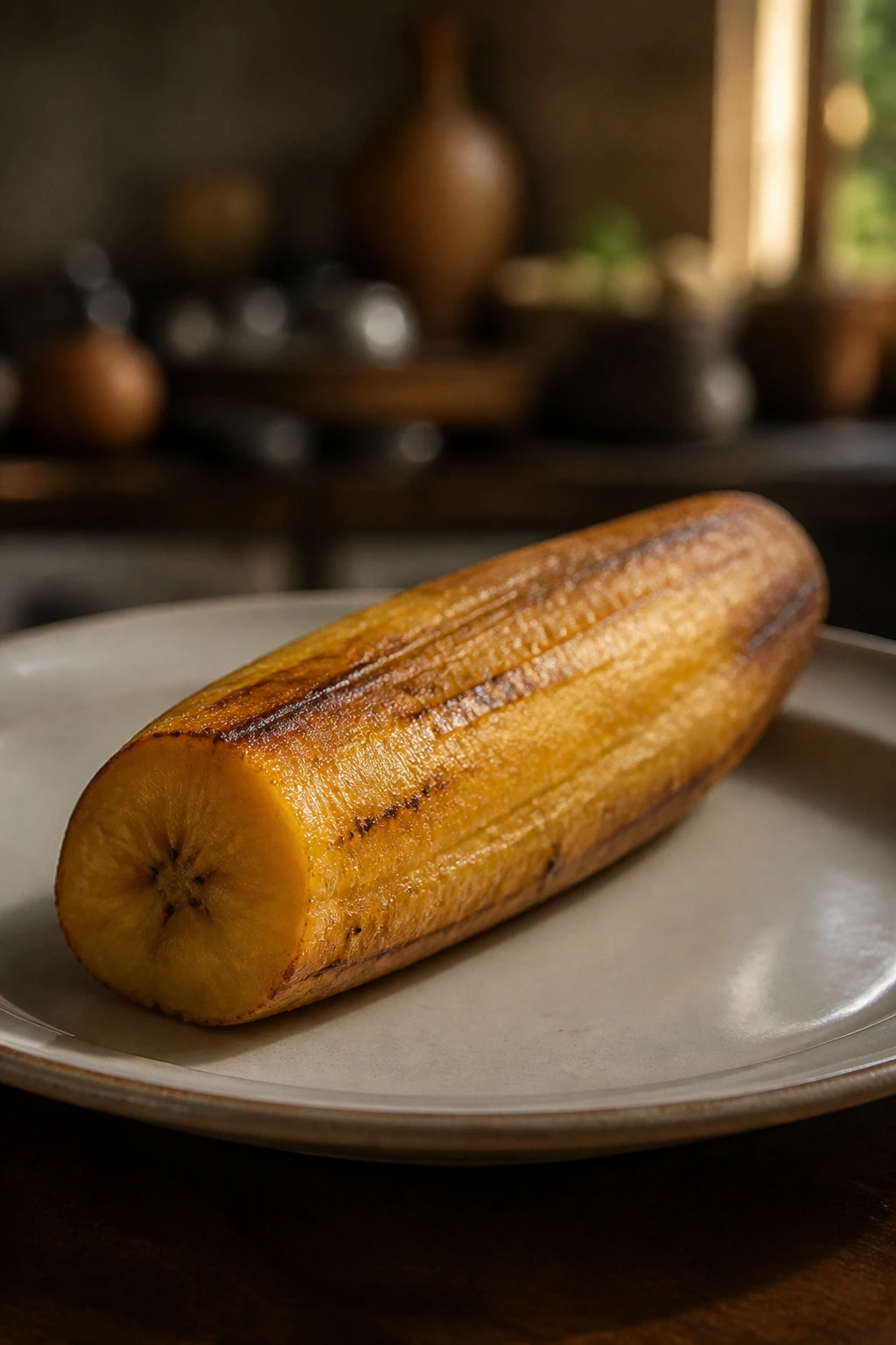 Close-up of a plantain piece with kitchen background suggesting caution for dog safety