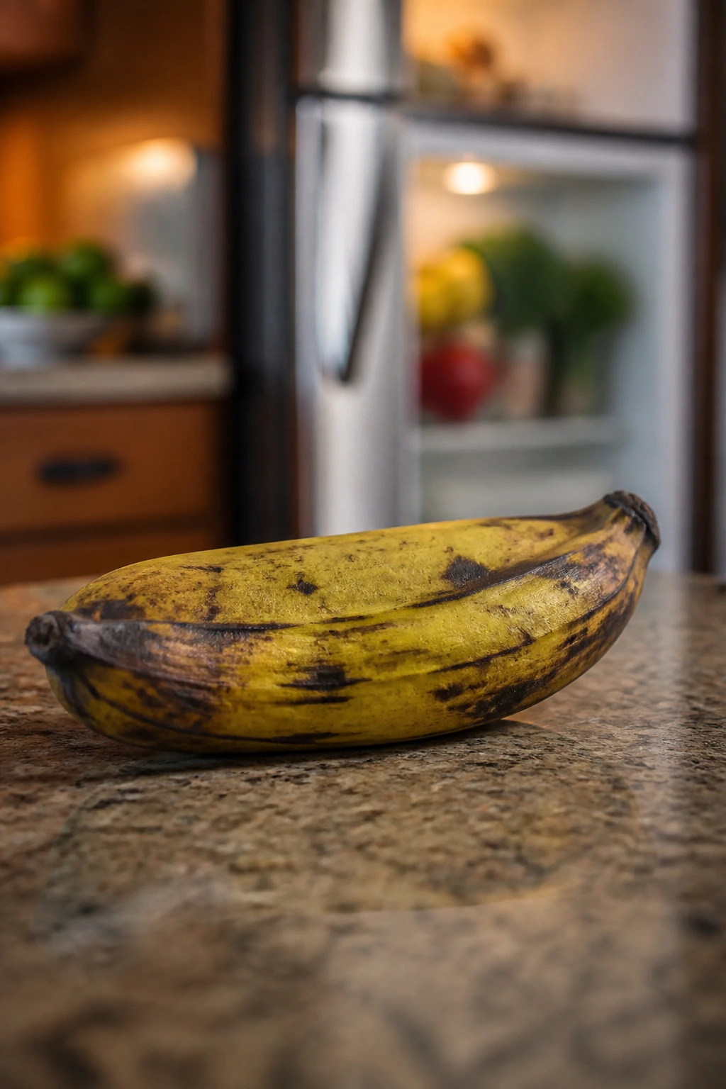Close-up of a ripe plantain on a kitchen counter with fridge in background