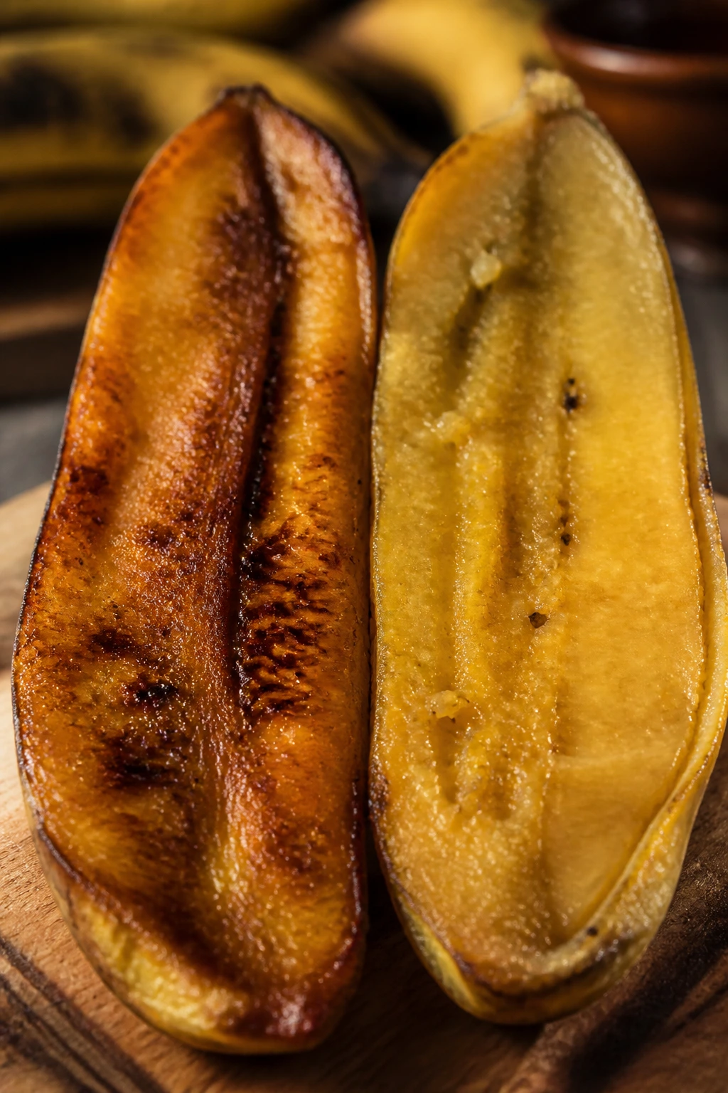 Plantain halves showing fried and soft textures