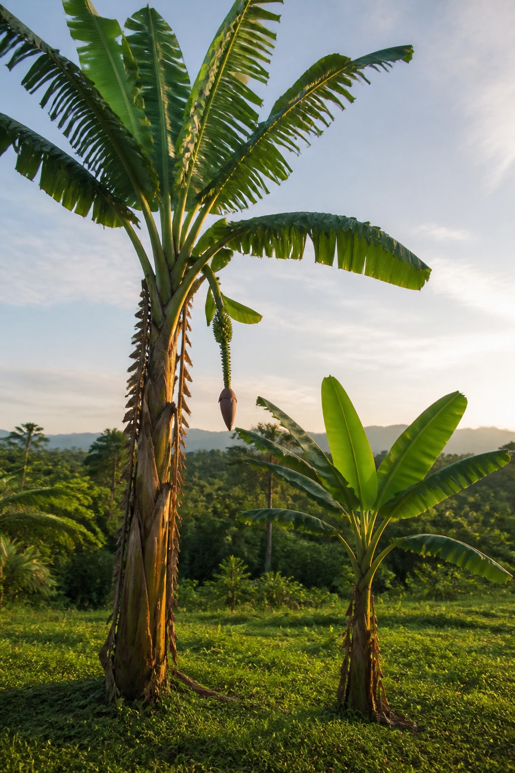 Plantain Tree Vs Banana Tree: What's Really The Difference? 2 Tall plantain tree and shorter banana tree highlighting height and trunk differences