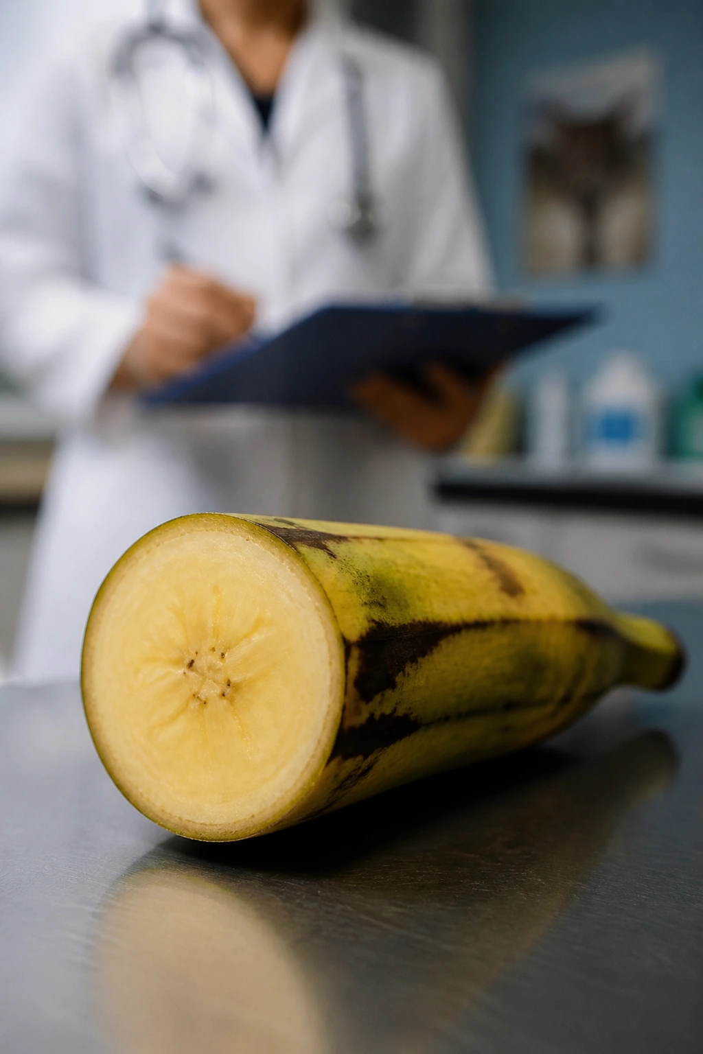 Plantain piece in a veterinary clinic setting with vet in background
