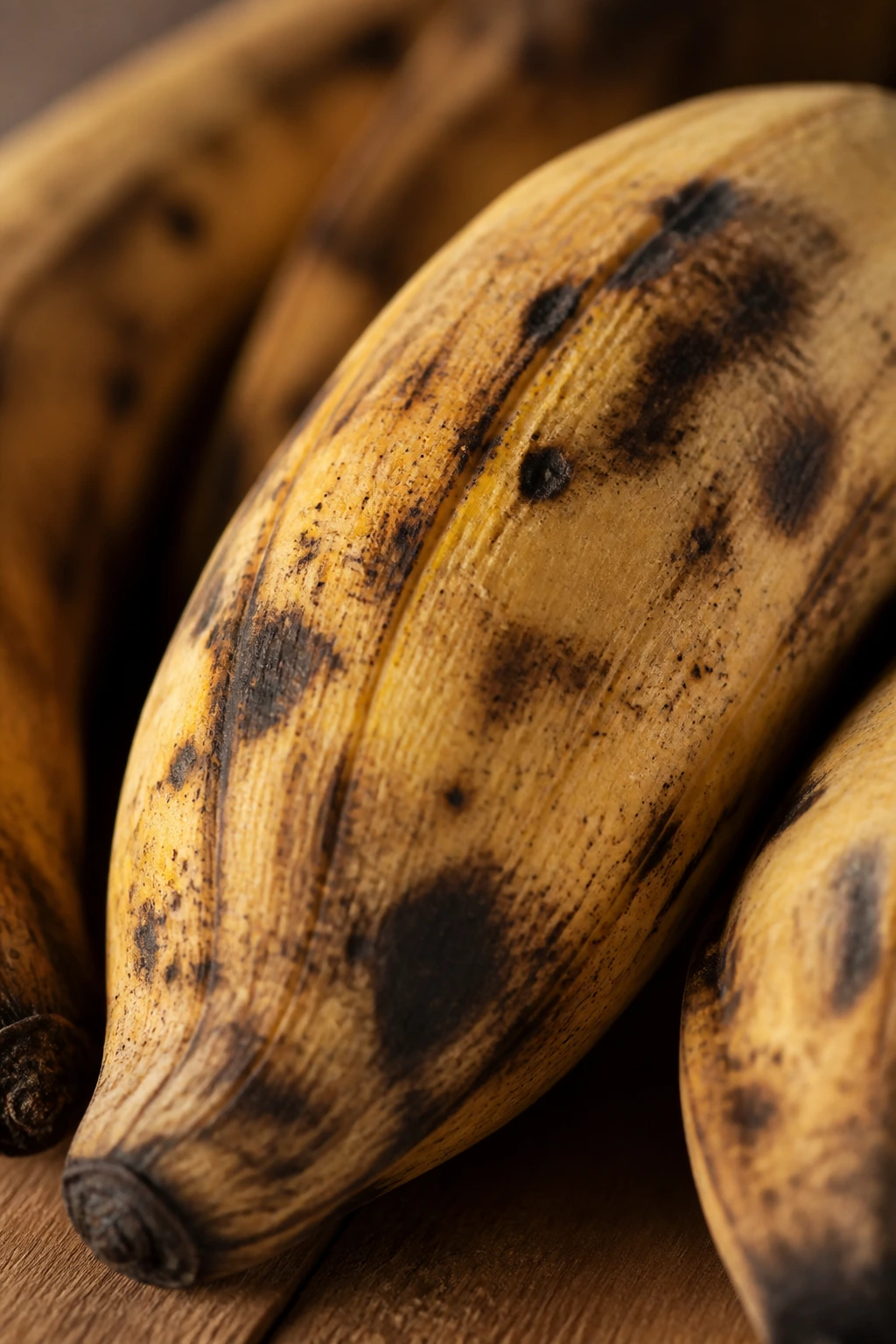 Close-up of a ripe plantain with brown spots filling the frame