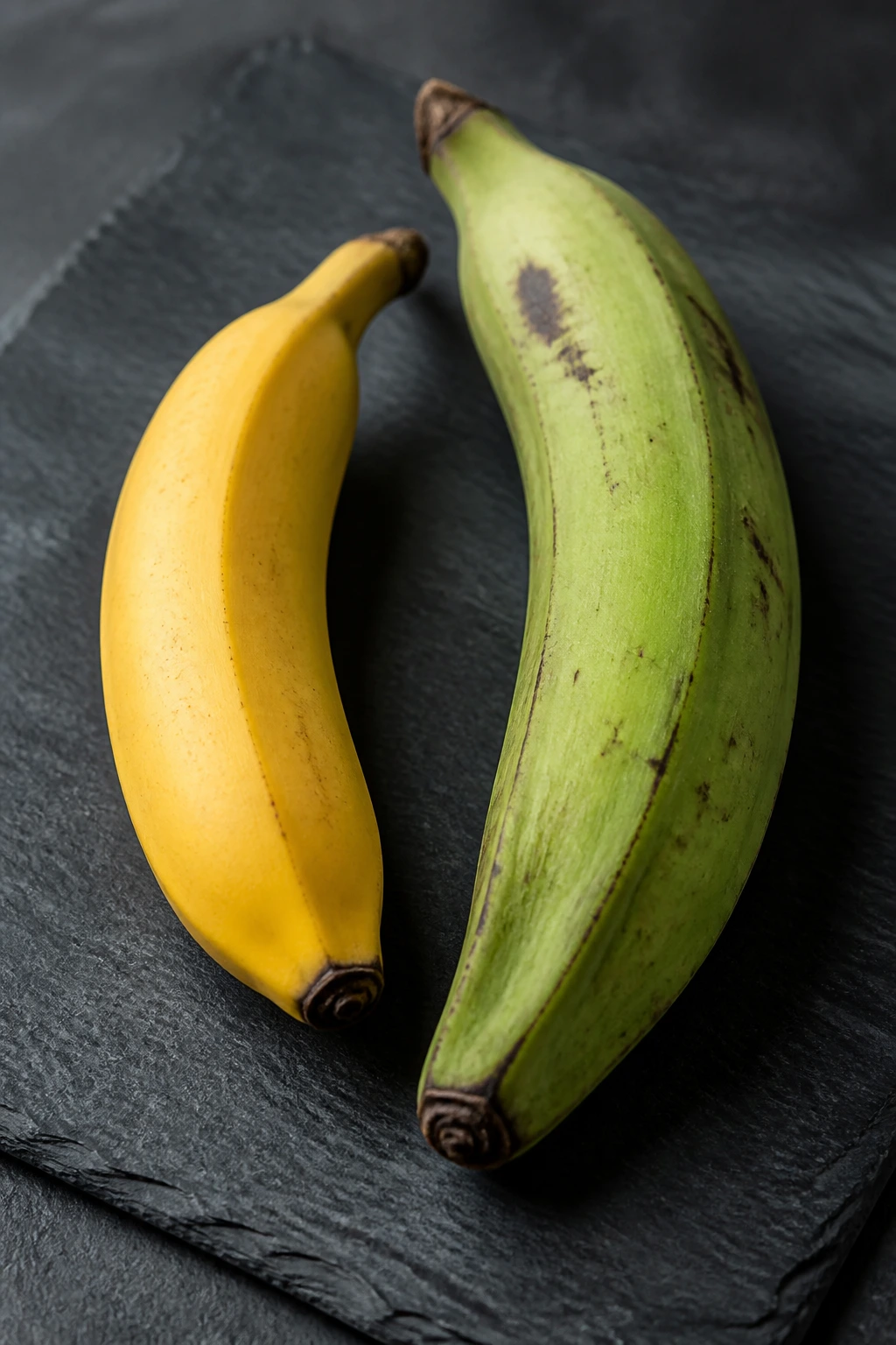 Side-by-side banana and plantain highlighting texture and color.
