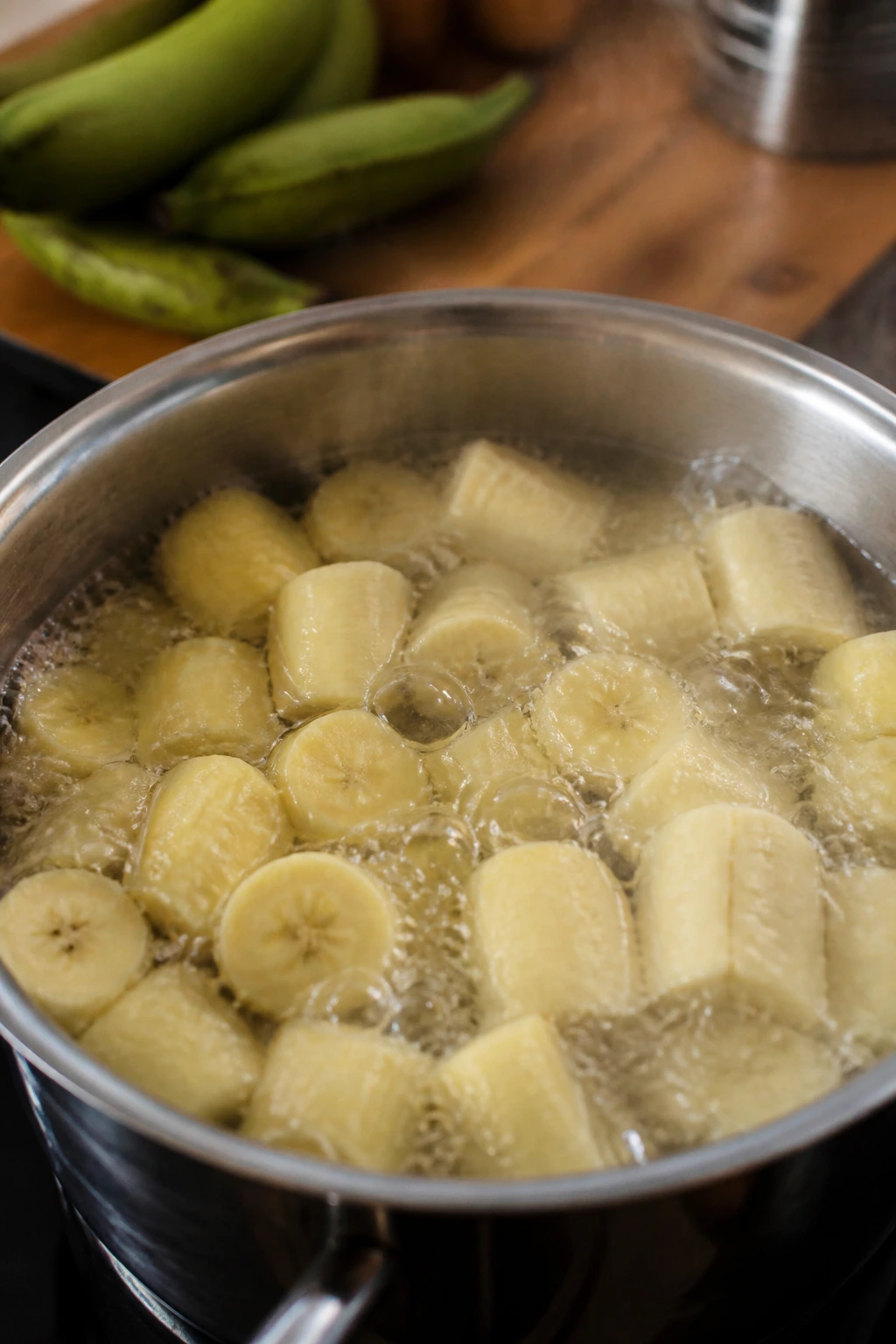 How Long To Boil Plantains? How To Boil Plantain Like A Pro 2 Peeled plantains cut into chunks boiling in salted water