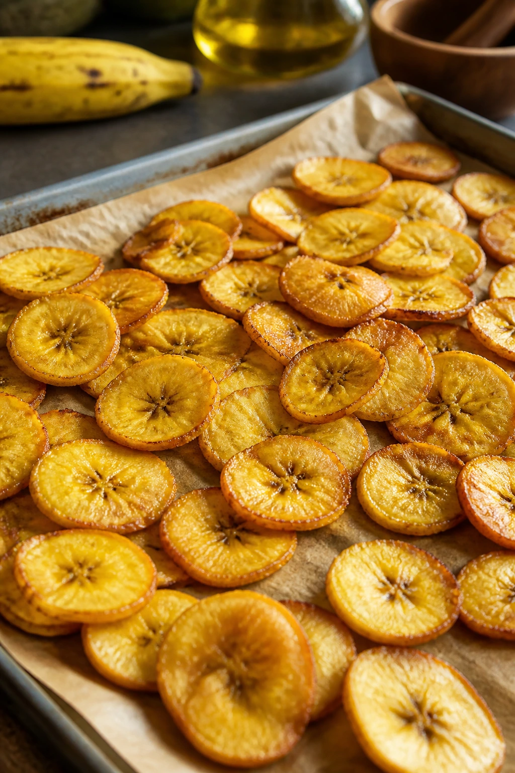 Digestive Aid: Are Plantains Good For Constipation? 7 Close-up of oven-baked plantain chips on parchment in a warm kitchen