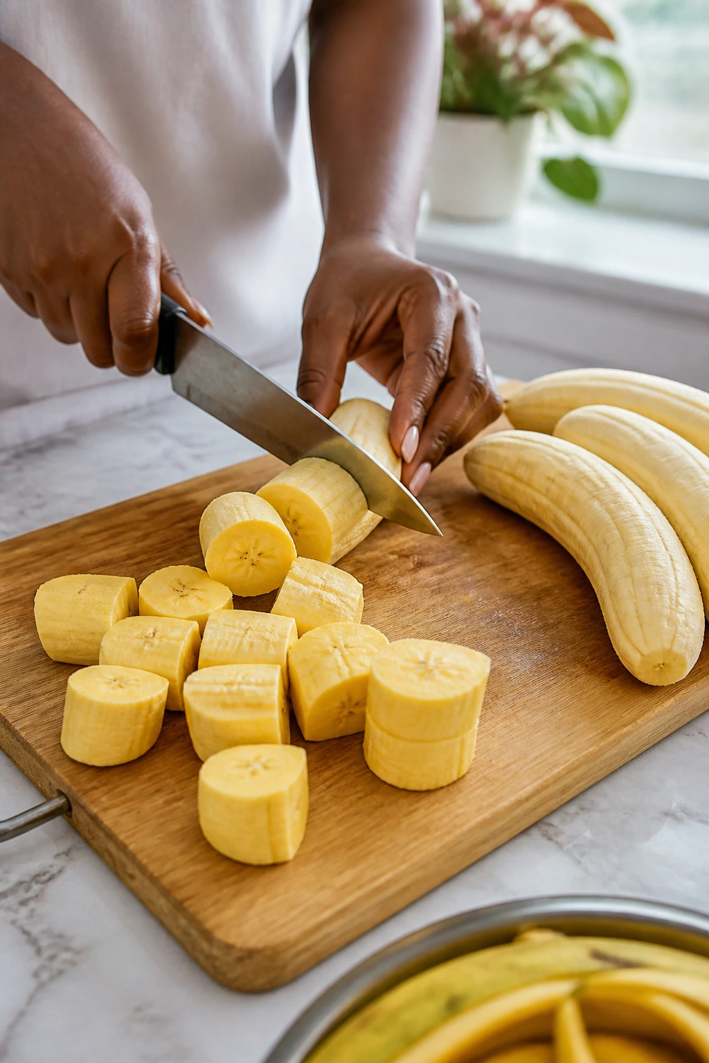 Plantains being cut into chunks on cutting board